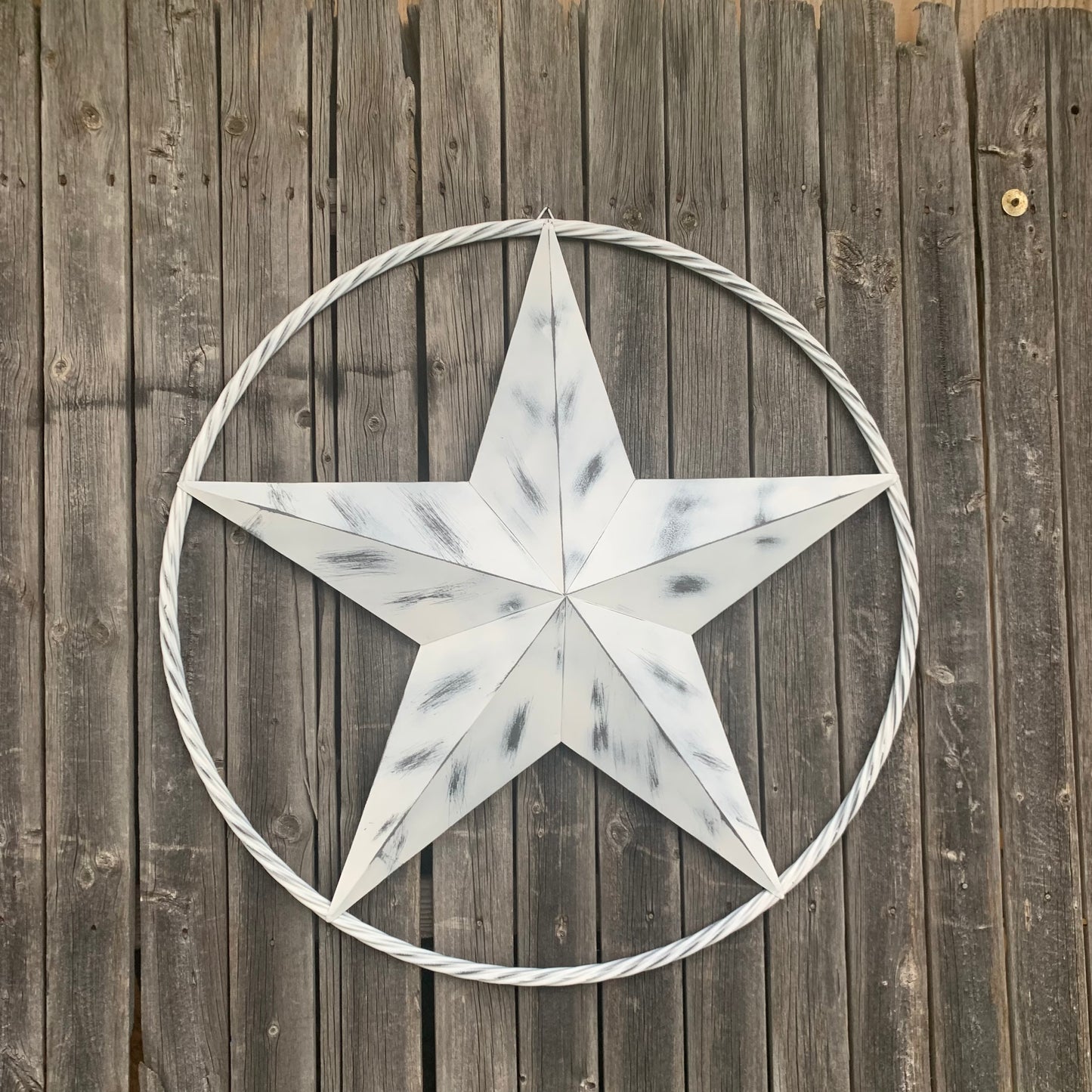 WHITE DISTRESSED STAR STYLE# 1 RUSTIC BARN LONE STAR ROPE RING METAL WALL ART