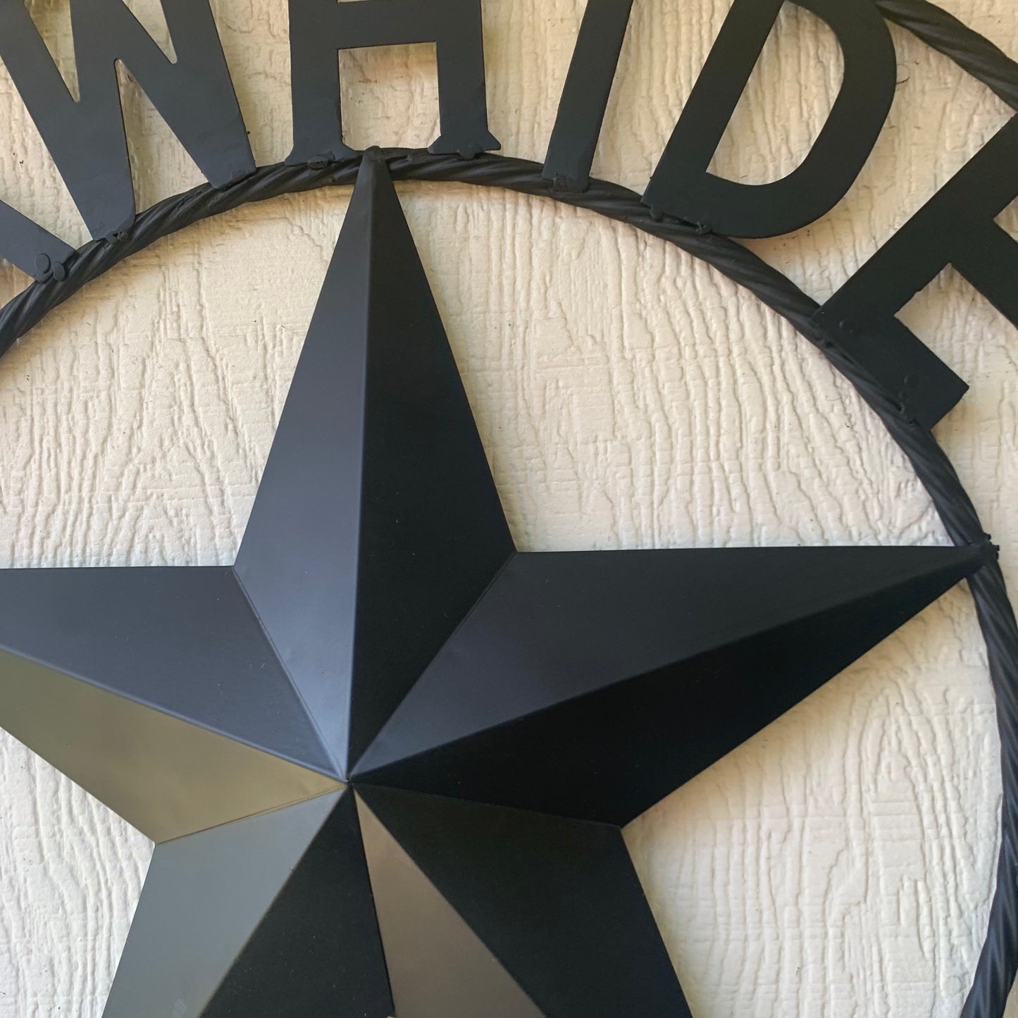 RAWHIDE STYLE CUSTOM STAR RUSTIC BLACK NAME BARN METAL STAR 3d TWISTED ROPE RING WESTERN HOME DECOR HANDMADE
