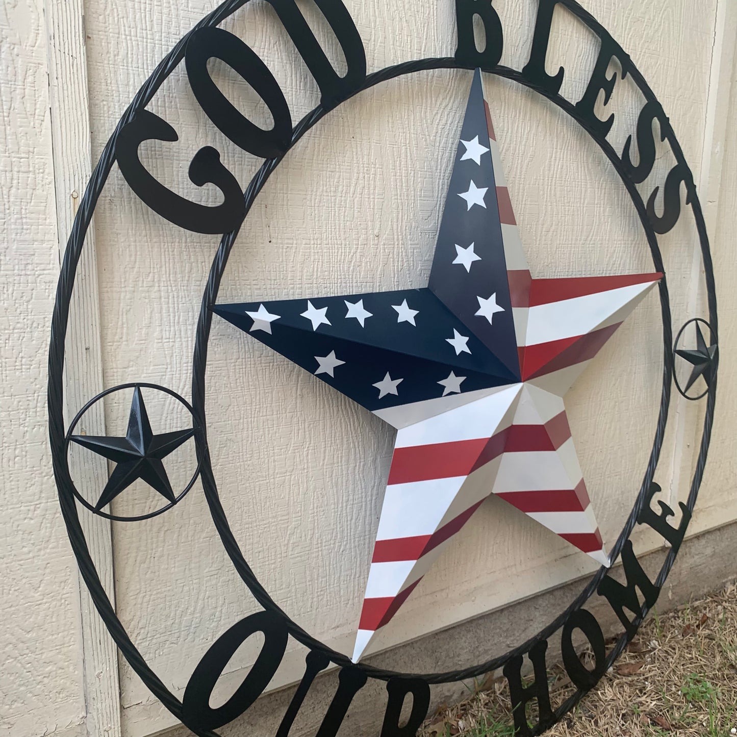 GOD BLESS OUR HOME USA FLAG STAR METAL BARN STAR TWISTED ROPE RING WALL ART WESTERN HOME DECOR RUSTIC RED WHITE & BLUE WITH BLACK RING HANDMADE NEW