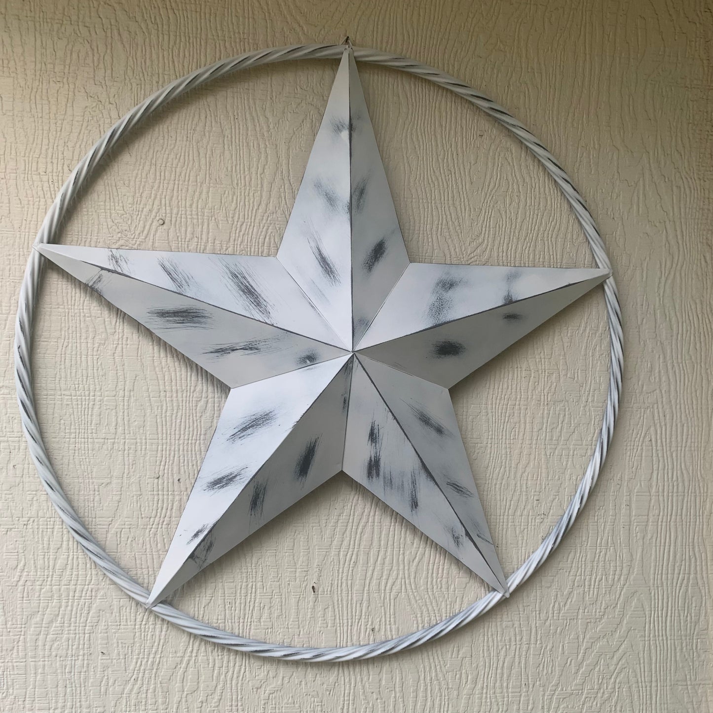 WHITE DISTRESSED STAR STYLE# 1 RUSTIC BARN LONE STAR ROPE RING METAL WALL ART