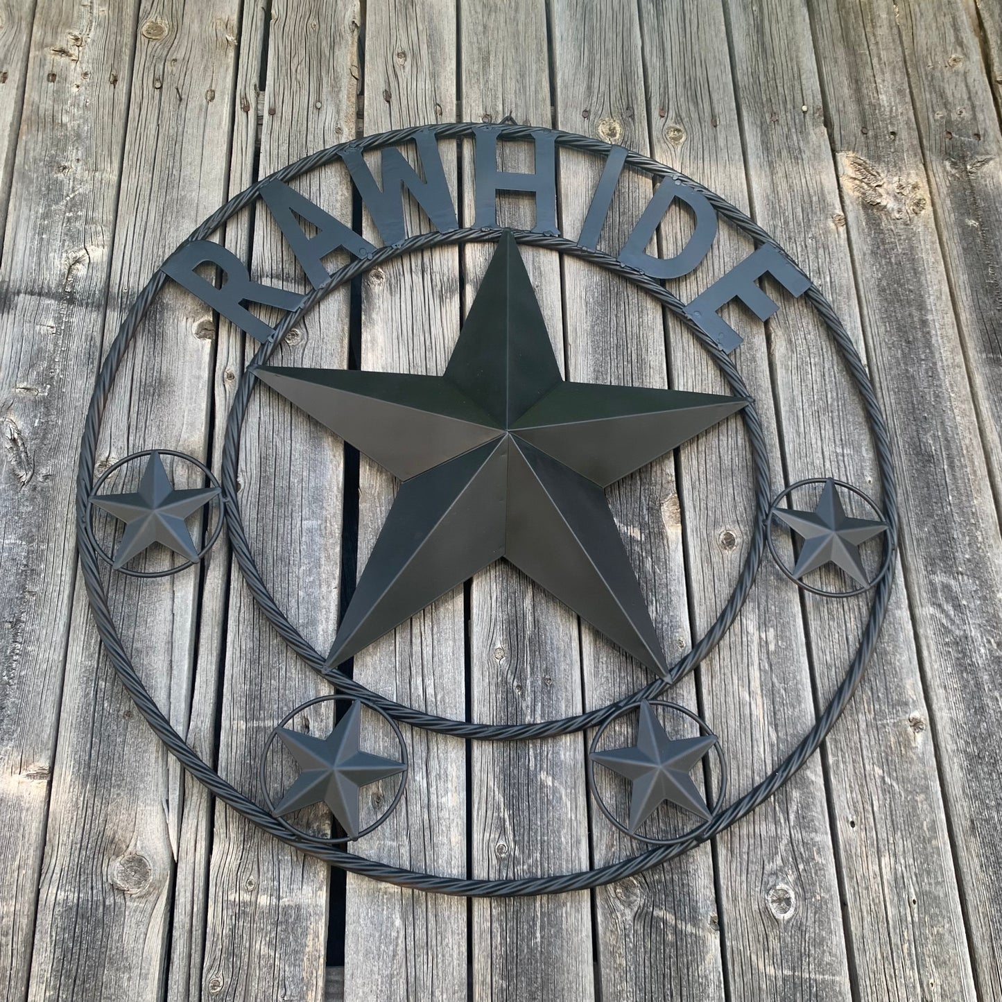 RAWHIDE STYLE CUSTOM STAR RUSTIC BLACK NAME BARN METAL STAR 3d TWISTED ROPE RING WESTERN HOME DECOR HANDMADE