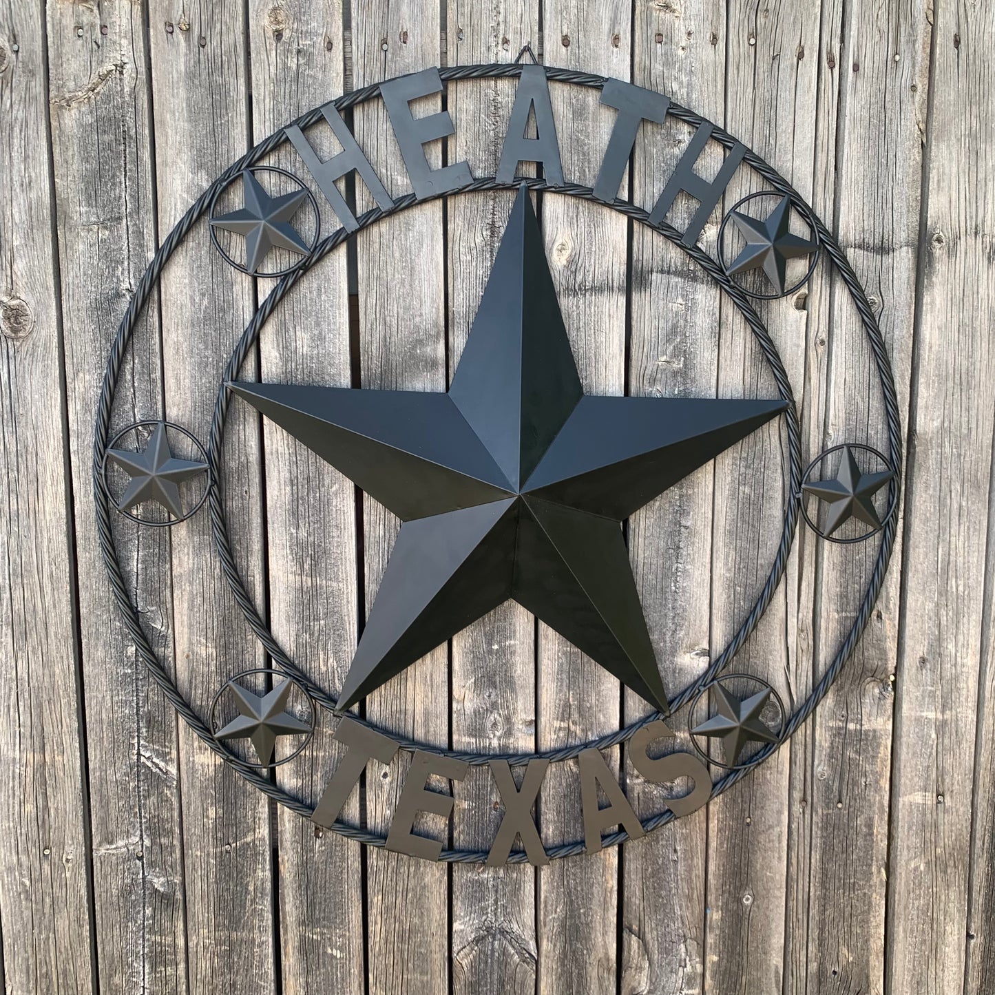 HEATH TEXAS STYLE CUSTOM STAR NAME BARN METAL STAR 3d TWISTED ROPE RING WESTERN HOME DECOR HANDMADE RUSTIC BLACK 24",32",34",36",40",42",44",46",50"