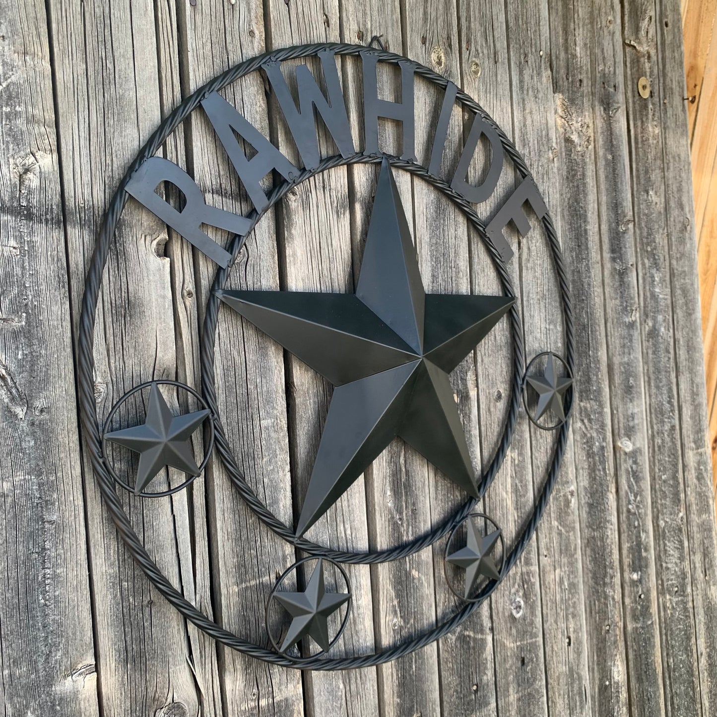 RAWHIDE STYLE CUSTOM STAR RUSTIC BLACK NAME BARN METAL STAR 3d TWISTED ROPE RING WESTERN HOME DECOR HANDMADE