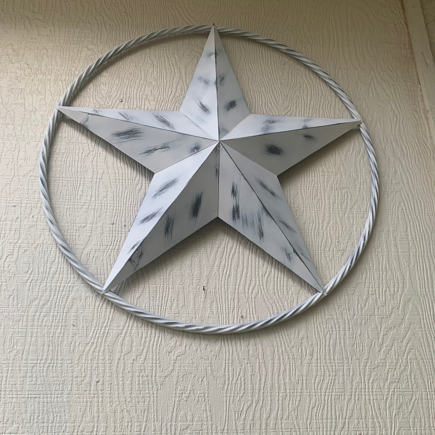 WHITE DISTRESSED STAR STYLE# 1 RUSTIC BARN LONE STAR ROPE RING METAL WALL ART