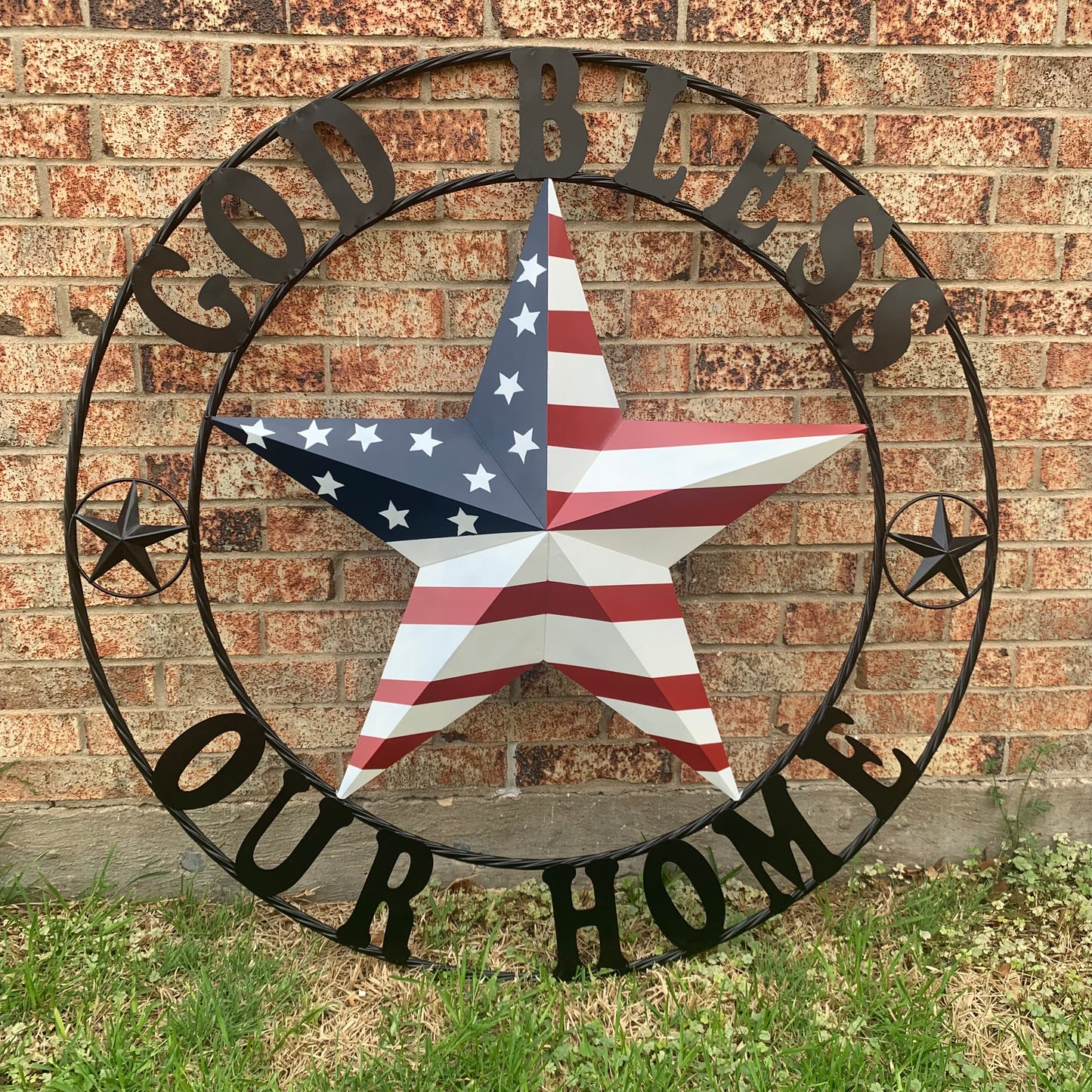 GOD BLESS OUR HOME USA FLAG STAR METAL BARN STAR TWISTED ROPE RING WALL ART WESTERN HOME DECOR RUSTIC RED WHITE & BLUE WITH BLACK RING HANDMADE NEW