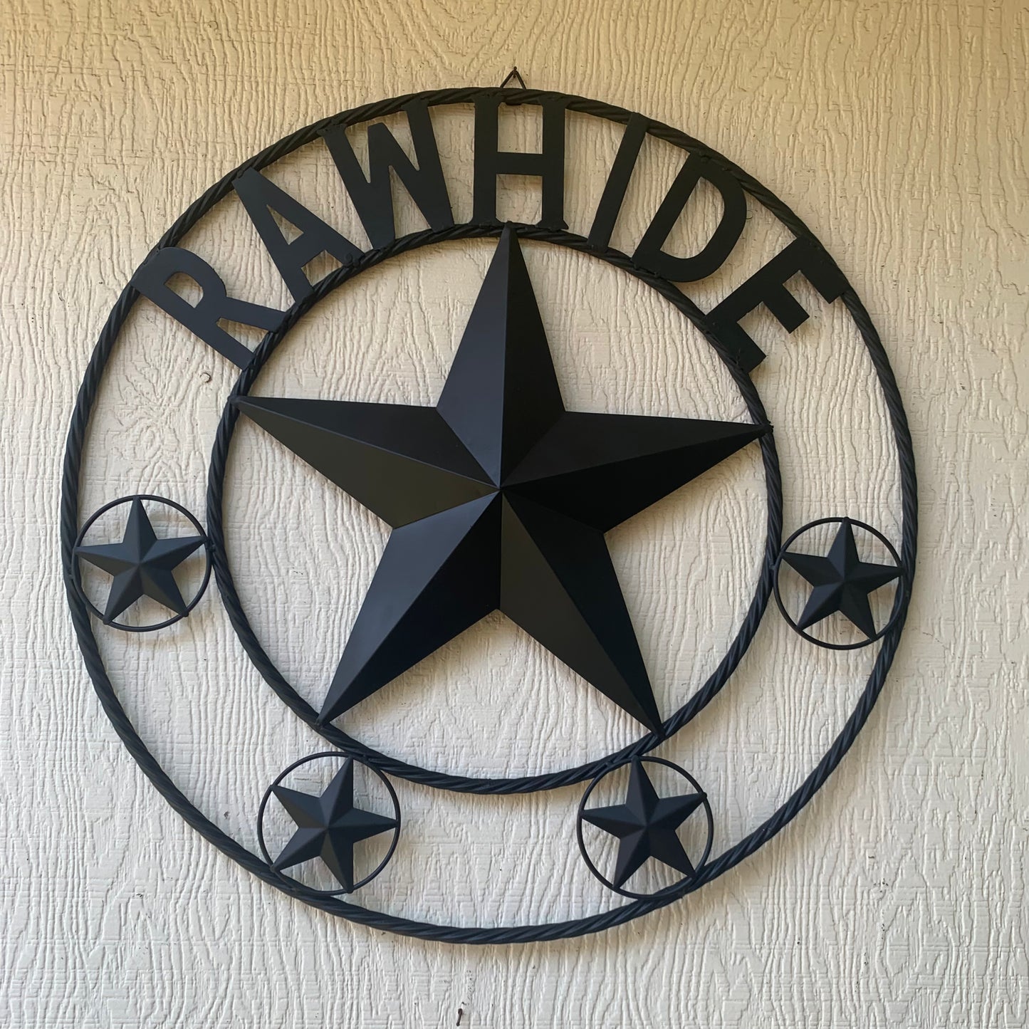 RAWHIDE STYLE CUSTOM STAR RUSTIC BLACK NAME BARN METAL STAR 3d TWISTED ROPE RING WESTERN HOME DECOR HANDMADE