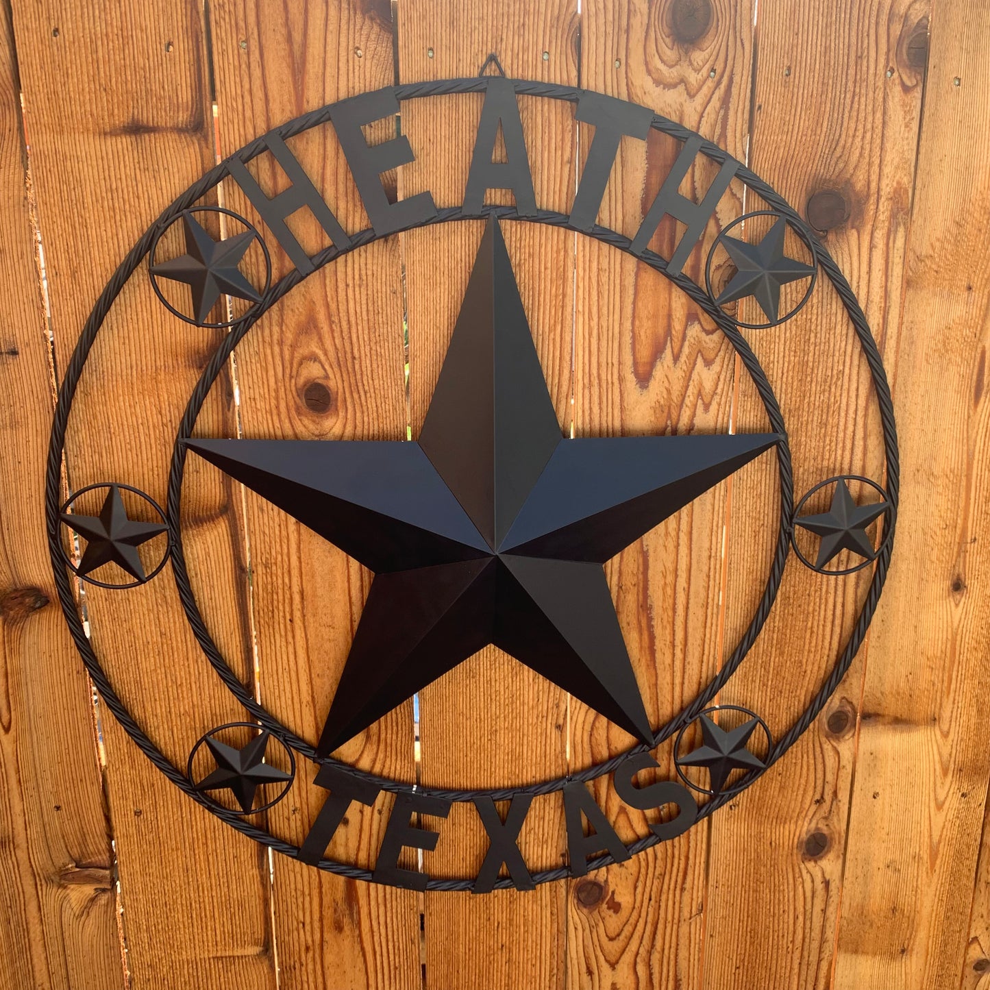 HEATH TEXAS STYLE CUSTOM STAR NAME BARN METAL STAR 3d TWISTED ROPE RING WESTERN HOME DECOR HANDMADE RUSTIC BLACK 24",32",34",36",40",42",44",46",50"