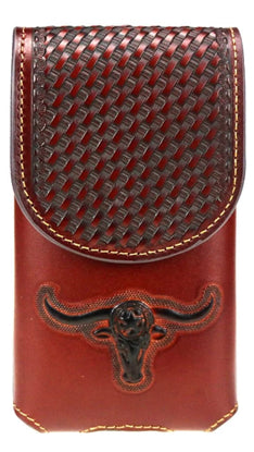 #EH11700 LONGHORNS 6.5" LEATHER POUCH BROWN EXTRA LARGE  BELT LOOP CELL PHONE CASE UNIVERSAL OVERSIZE