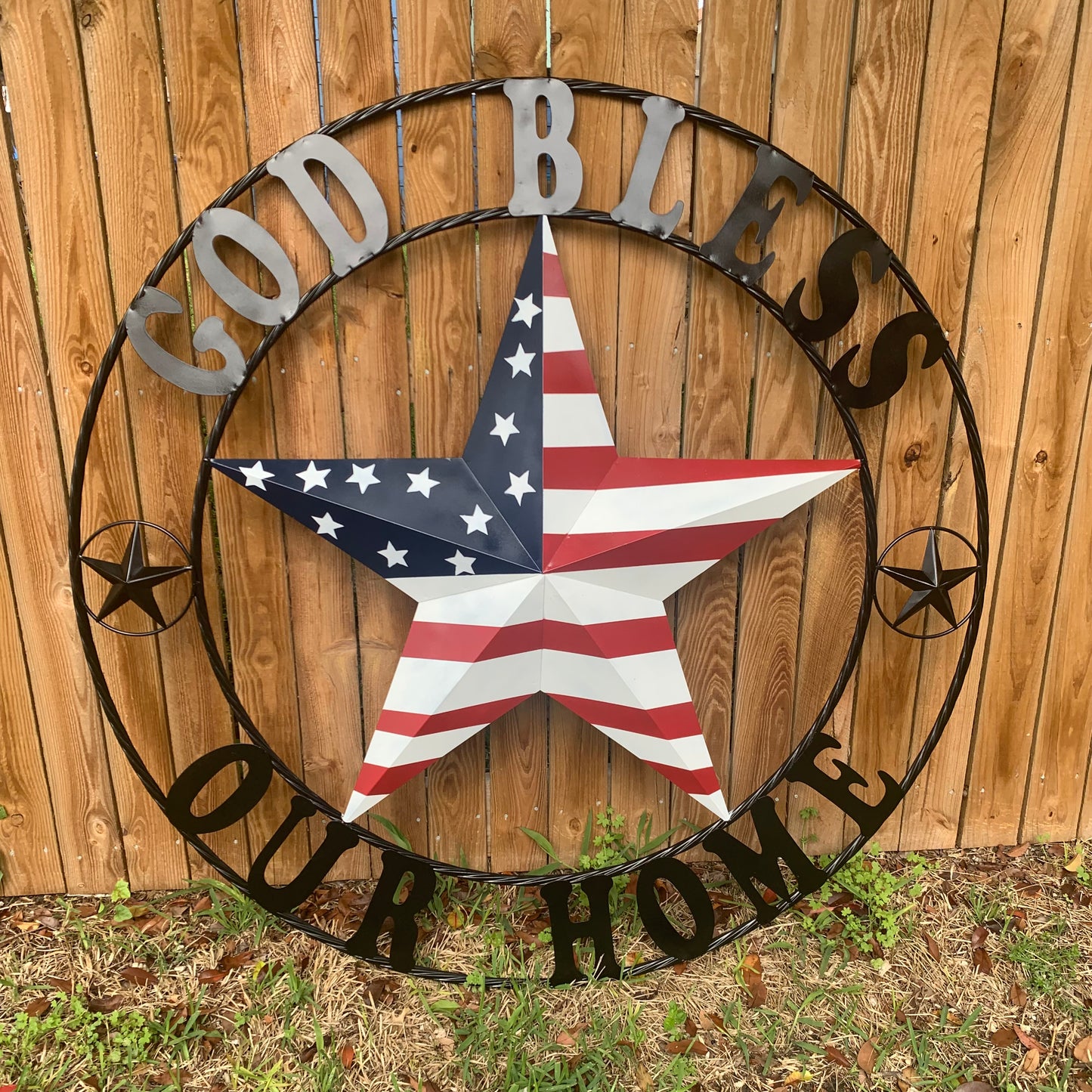 GOD BLESS OUR HOME USA FLAG STAR METAL BARN STAR TWISTED ROPE RING WALL ART WESTERN HOME DECOR RUSTIC RED WHITE & BLUE WITH BLACK RING HANDMADE NEW
