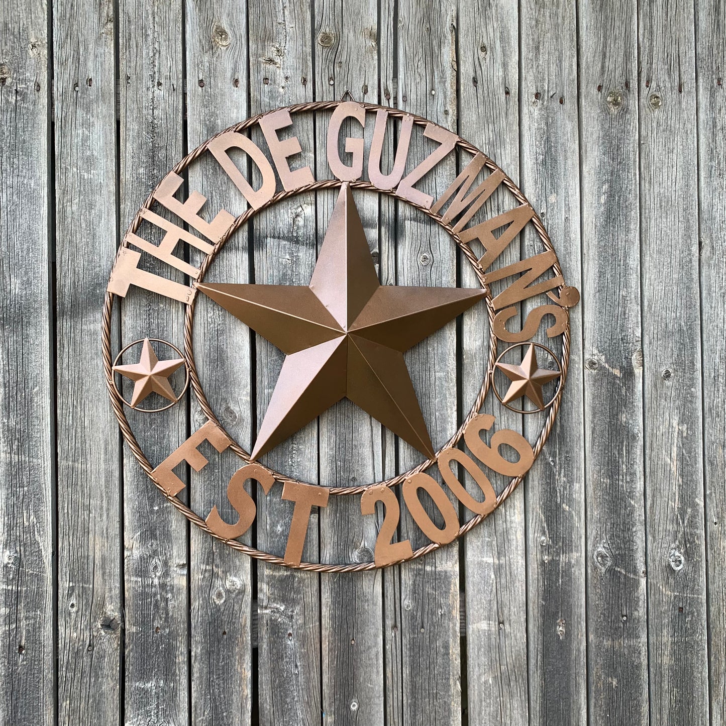 GUZMAN STYLE CUSTOM STAR NAME BARN METAL STAR 3d TWISTED ROPE RING WESTERN HOME DECOR RUSTIC  BRONZE HANDMADE 24",32",34",36",40",42",44",46",50"