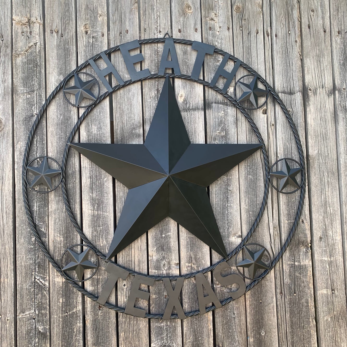 HEATH TEXAS STYLE CUSTOM STAR NAME BARN METAL STAR 3d TWISTED ROPE RING WESTERN HOME DECOR HANDMADE RUSTIC BLACK 24",32",34",36",40",42",44",46",50"