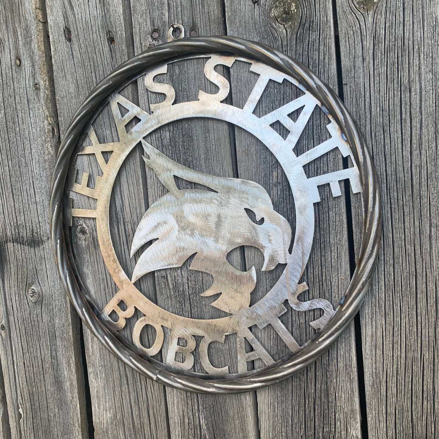 12" TEXAS STATE BOBCATS CUSTOM RAW METAL VINTAGE CRAFT SIGN TEAM ART HANDMADE IN TEXAS