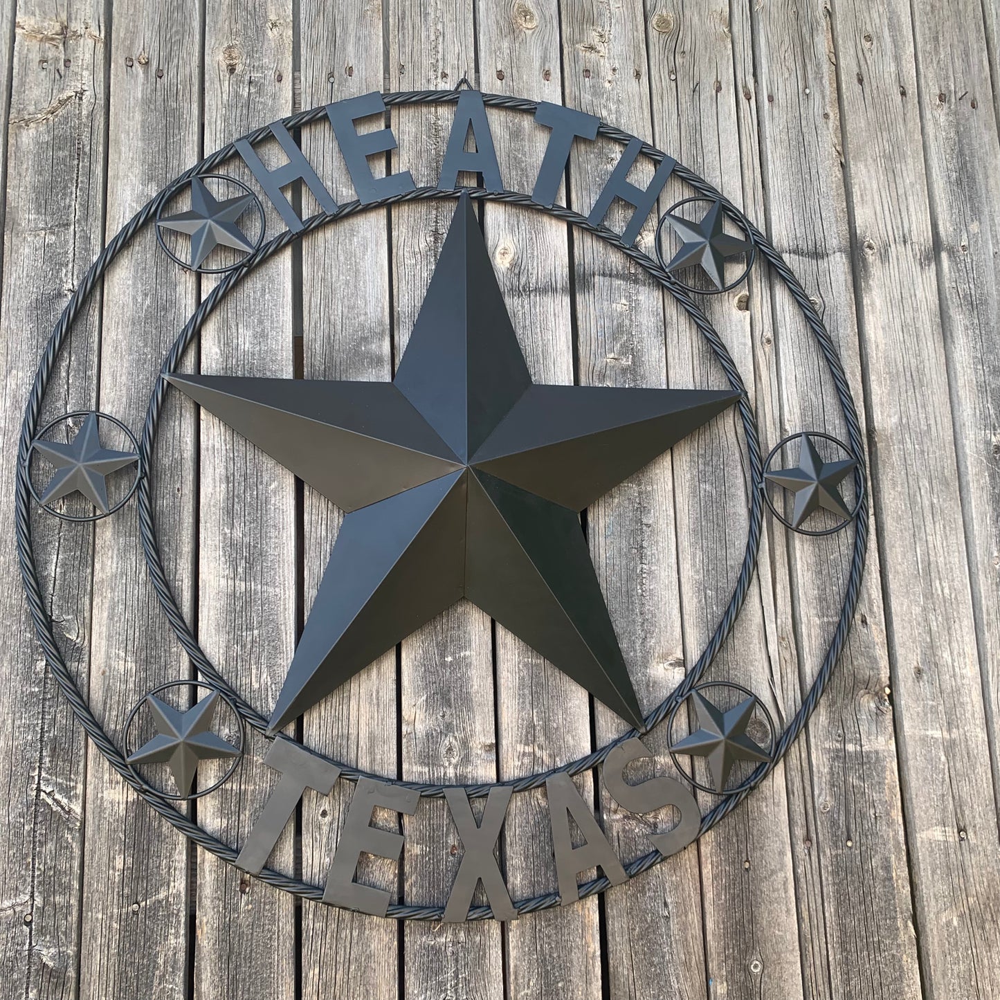 HEATH TEXAS STYLE CUSTOM STAR NAME BARN METAL STAR 3d TWISTED ROPE RING WESTERN HOME DECOR HANDMADE RUSTIC BLACK 24",32",34",36",40",42",44",46",50"