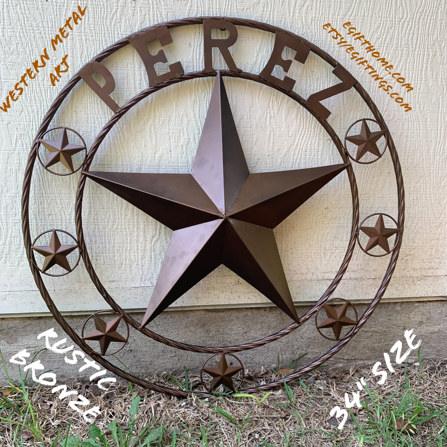 PEREZ CUSTOM STAR NAME BARN METAL STAR 3d TWISTED ROPE RING WESTERN HOME DECOR RUSTIC  BRONZE HANDMADE 24",32",34",36",40",42",44",46",50"