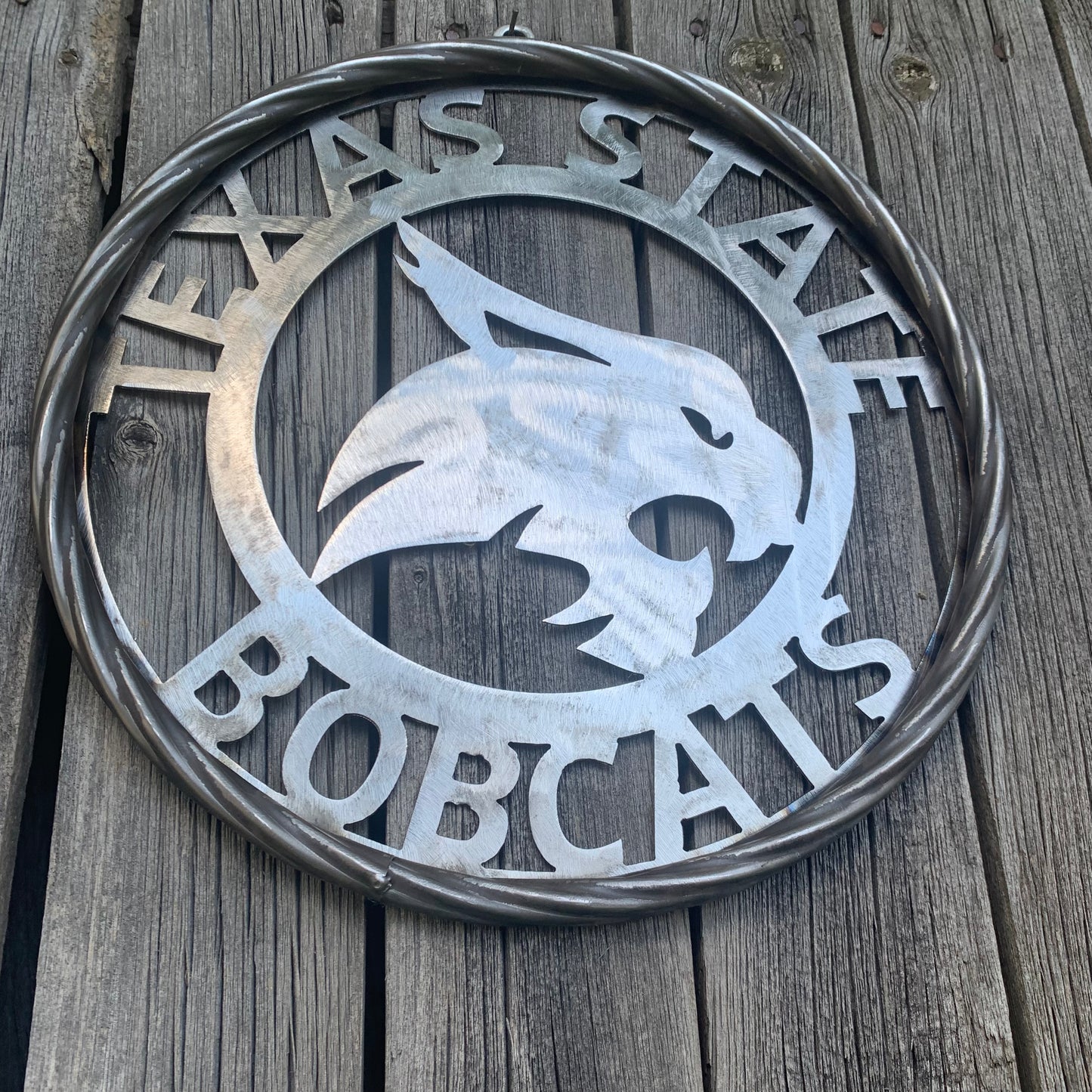 12" TEXAS STATE BOBCATS CUSTOM RAW METAL VINTAGE CRAFT SIGN TEAM ART HANDMADE IN TEXAS