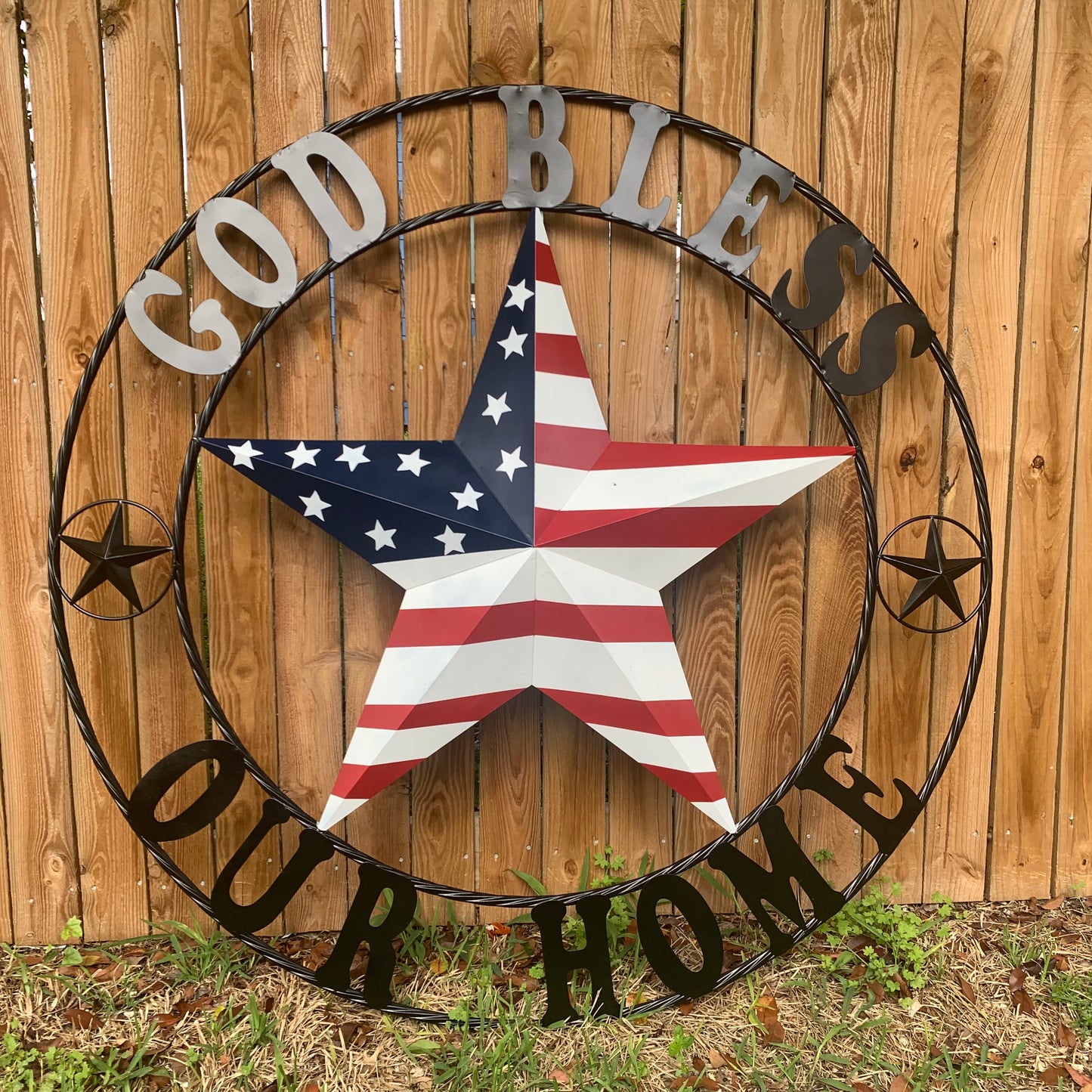 GOD BLESS OUR HOME USA FLAG STAR METAL BARN STAR TWISTED ROPE RING WALL ART WESTERN HOME DECOR RUSTIC RED WHITE & BLUE WITH BLACK RING HANDMADE NEW