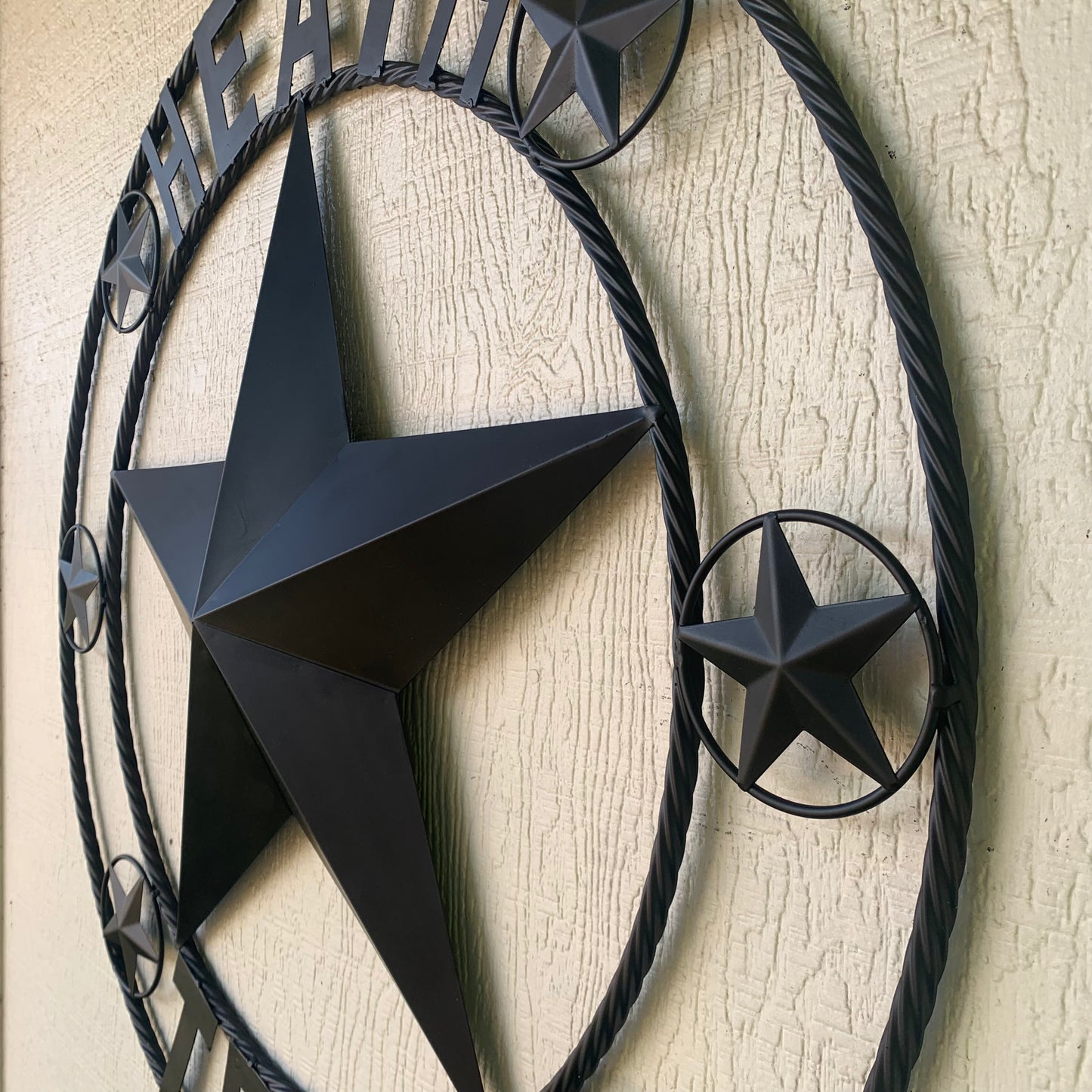 HEATH TEXAS STYLE CUSTOM STAR NAME BARN METAL STAR 3d TWISTED ROPE RING WESTERN HOME DECOR HANDMADE RUSTIC BLACK 24",32",34",36",40",42",44",46",50"