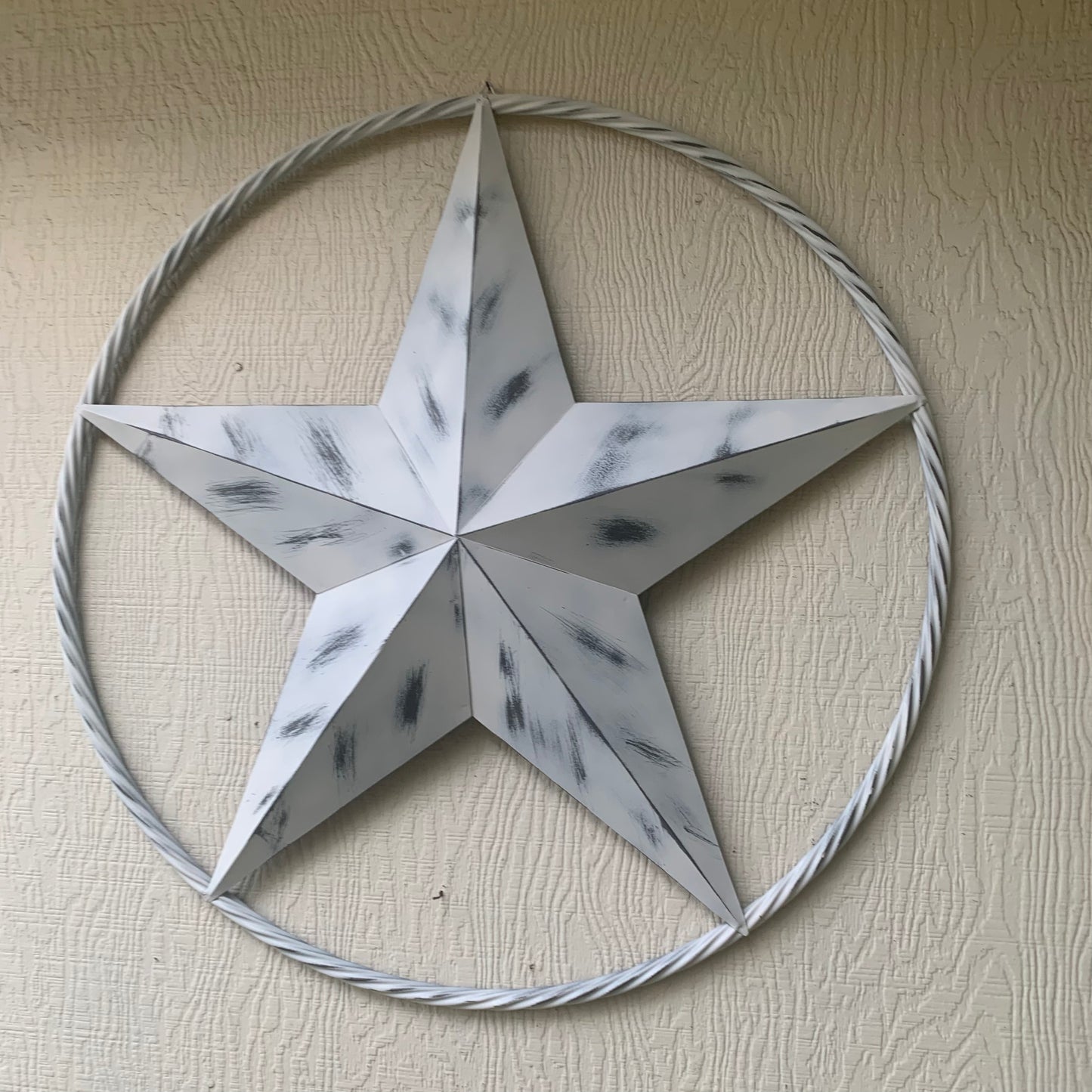 WHITE DISTRESSED STAR STYLE# 1 RUSTIC BARN LONE STAR ROPE RING METAL WALL ART