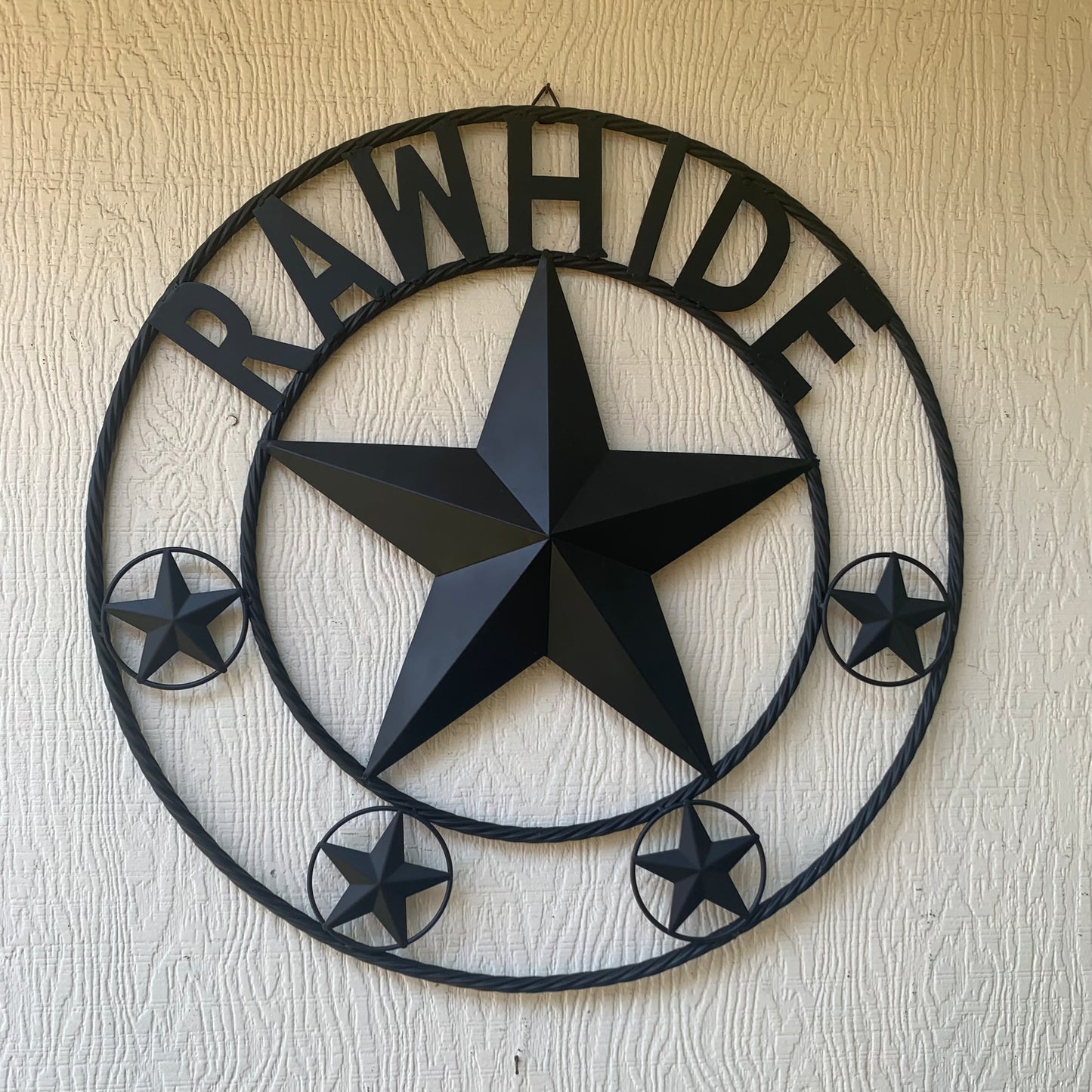 RAWHIDE STYLE CUSTOM STAR RUSTIC BLACK NAME BARN METAL STAR 3d TWISTED ROPE RING WESTERN HOME DECOR HANDMADE