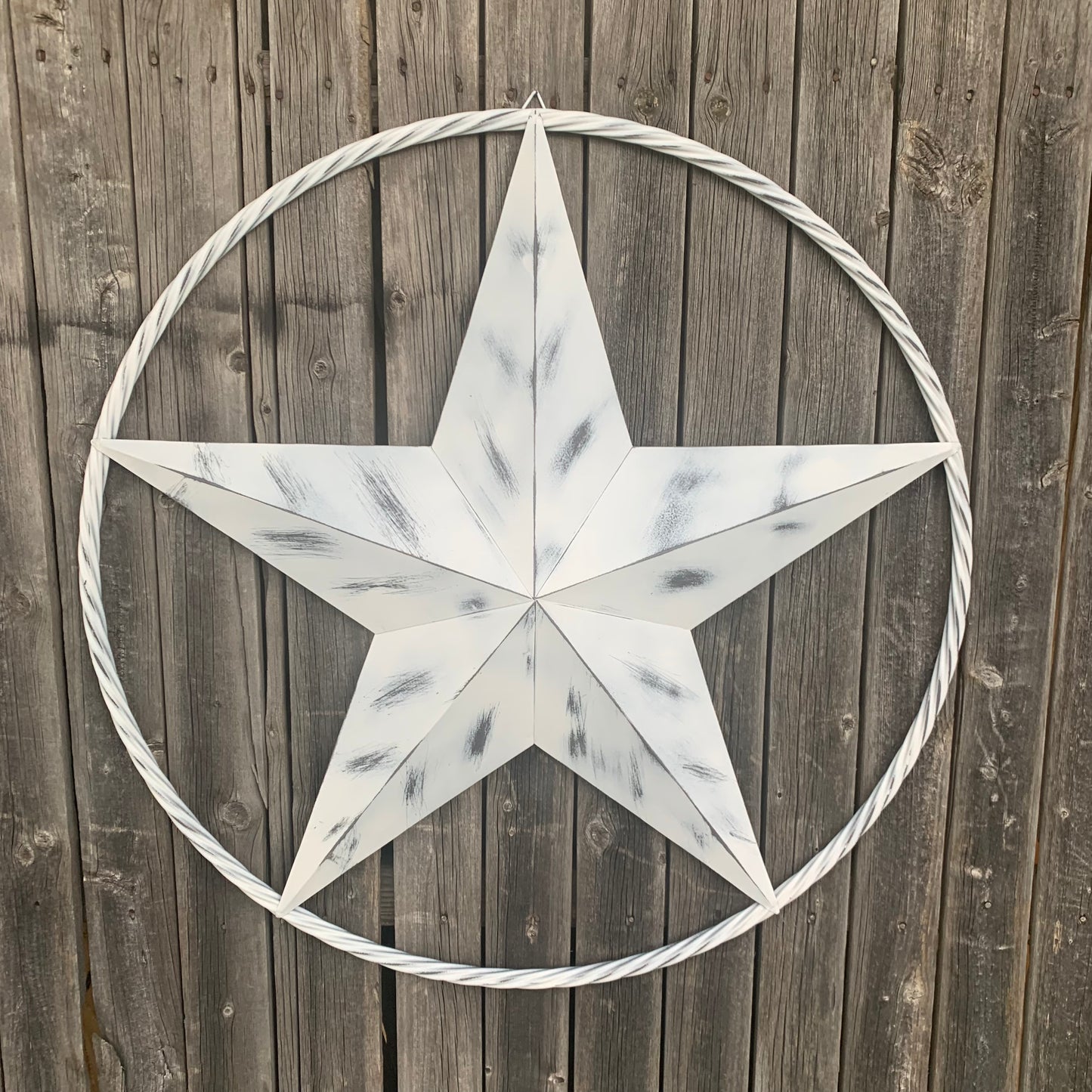 WHITE DISTRESSED STAR STYLE# 1 RUSTIC BARN LONE STAR ROPE RING METAL WALL ART