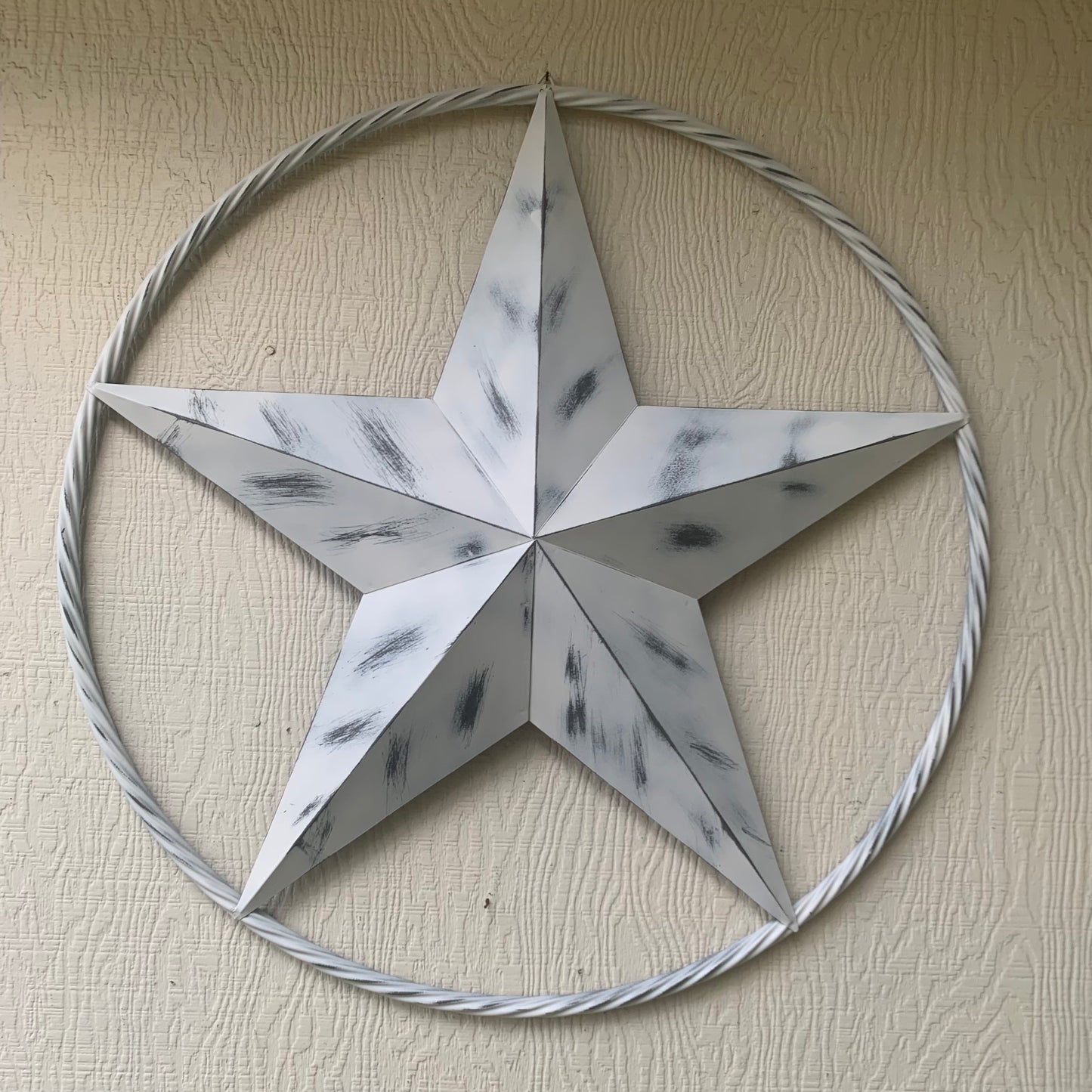 WHITE DISTRESSED STAR STYLE# 1 RUSTIC BARN LONE STAR ROPE RING METAL WALL ART