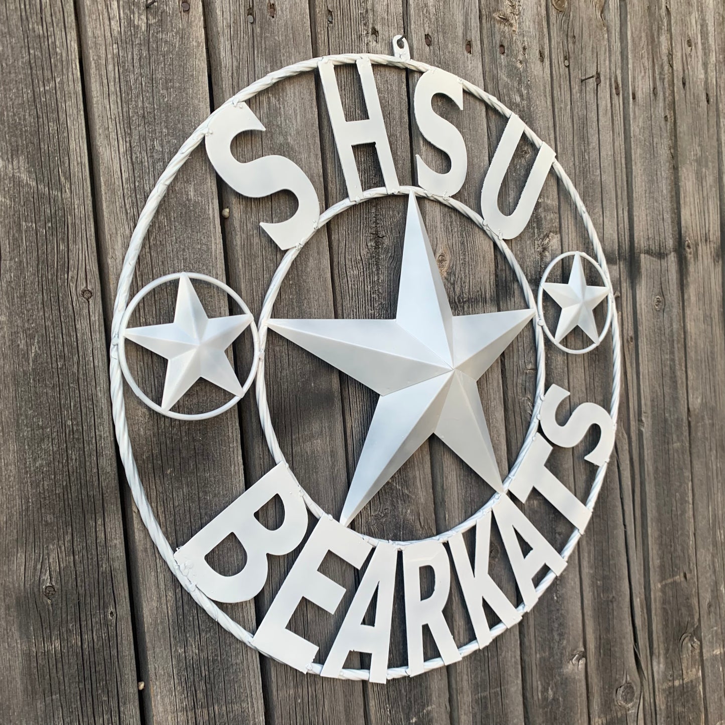 24",32" SHSU SAM HOUSTON BEARKATS RUSTIC WHITE METAL CUSTOM VINTAGE CRAFT RUSTIC BLACK TEAM STAR HANDMADE