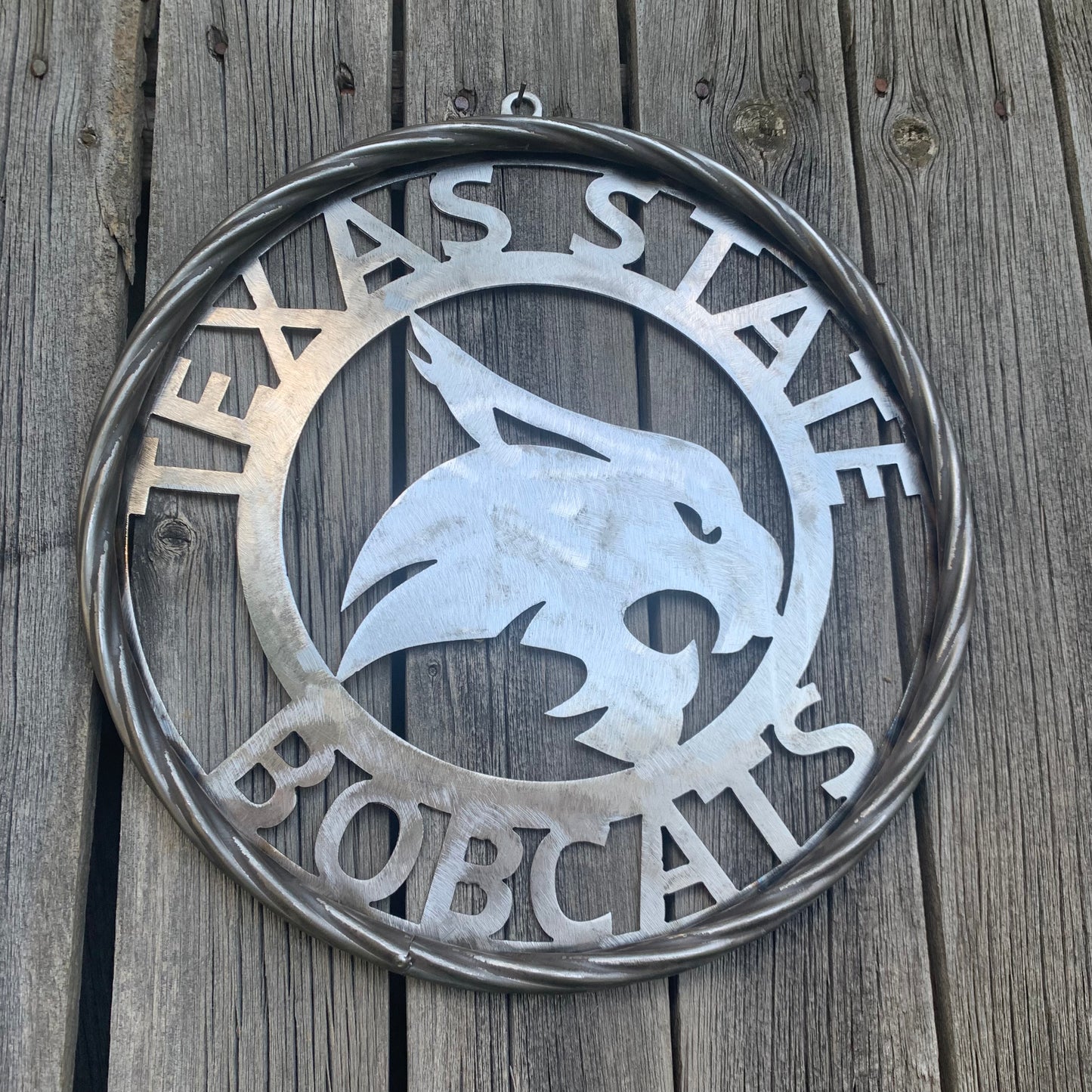 12" TEXAS STATE BOBCATS CUSTOM RAW METAL VINTAGE CRAFT SIGN TEAM ART HANDMADE IN TEXAS