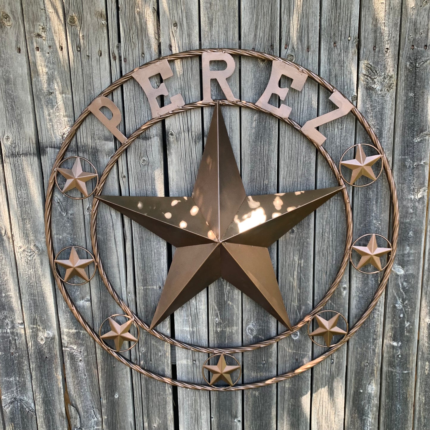PEREZ CUSTOM STAR NAME BARN METAL STAR 3d TWISTED ROPE RING WESTERN HOME DECOR RUSTIC  BRONZE HANDMADE 24",32",34",36",40",42",44",46",50"