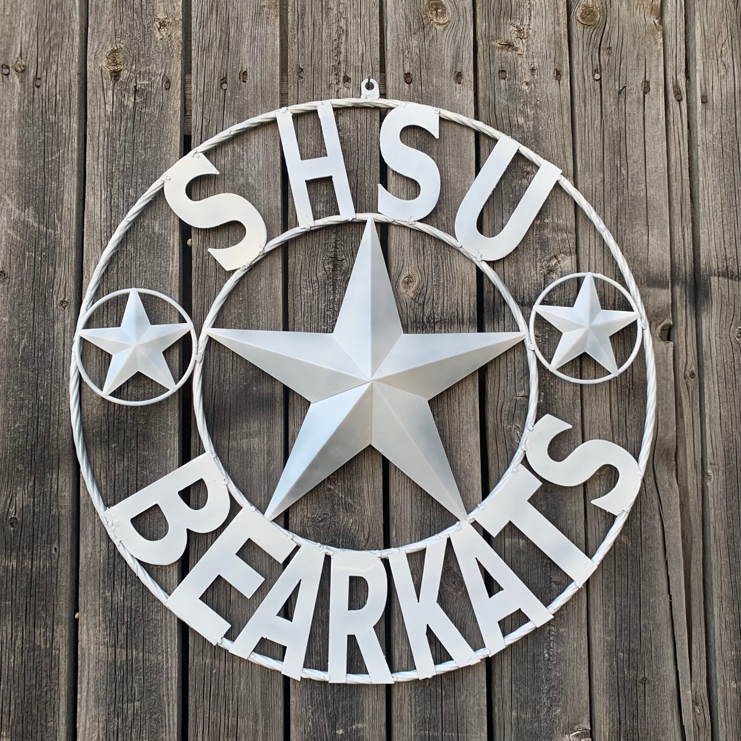 24",32" SHSU SAM HOUSTON BEARKATS RUSTIC WHITE METAL CUSTOM VINTAGE CRAFT RUSTIC BLACK TEAM STAR HANDMADE