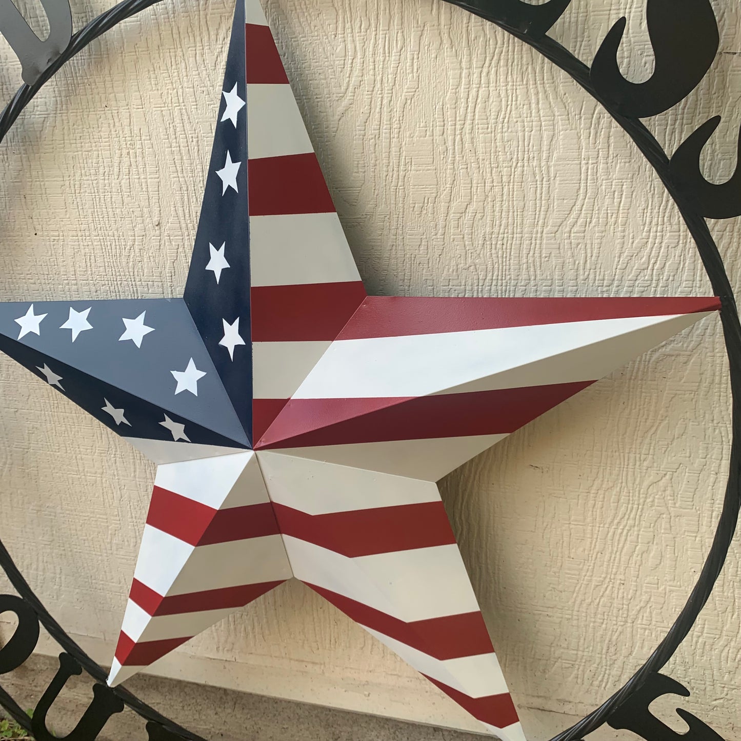 GOD BLESS OUR HOME USA FLAG STAR METAL BARN STAR TWISTED ROPE RING WALL ART WESTERN HOME DECOR RUSTIC RED WHITE & BLUE WITH BLACK RING HANDMADE NEW