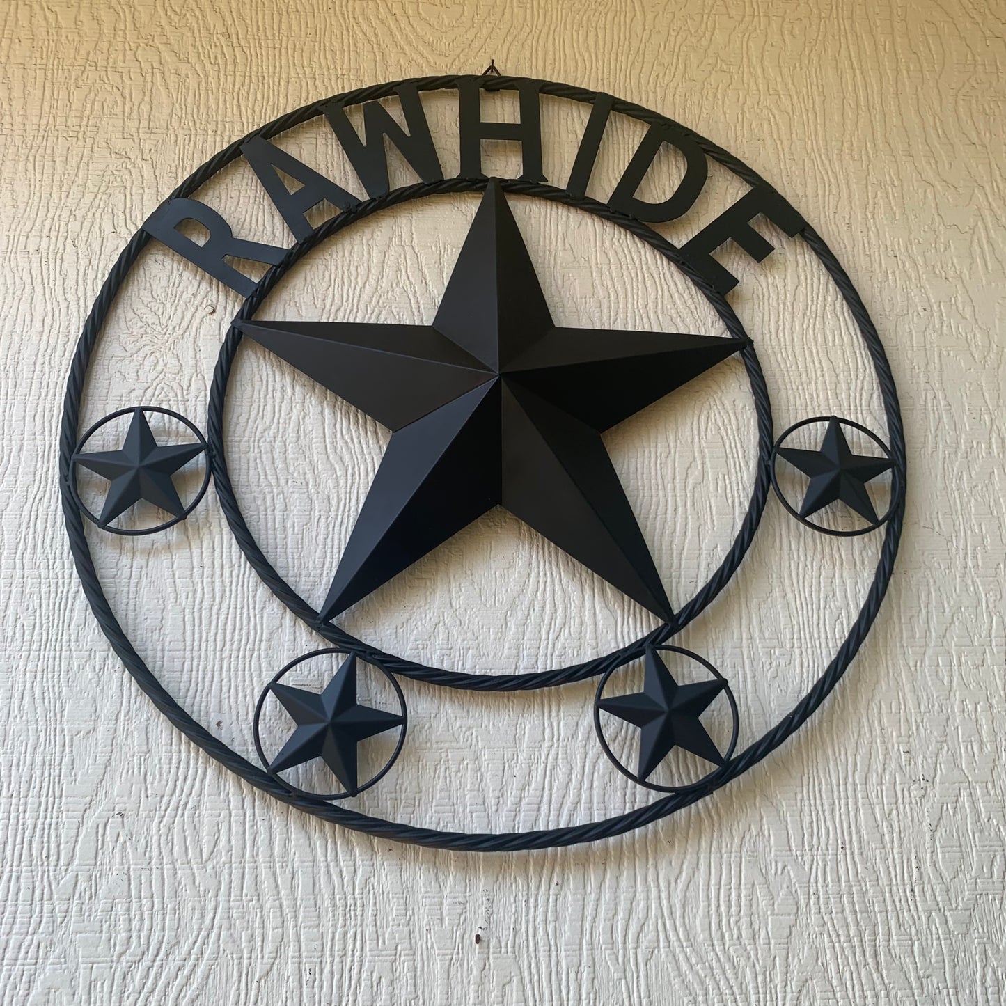 RAWHIDE STYLE CUSTOM STAR RUSTIC BLACK NAME BARN METAL STAR 3d TWISTED ROPE RING WESTERN HOME DECOR HANDMADE