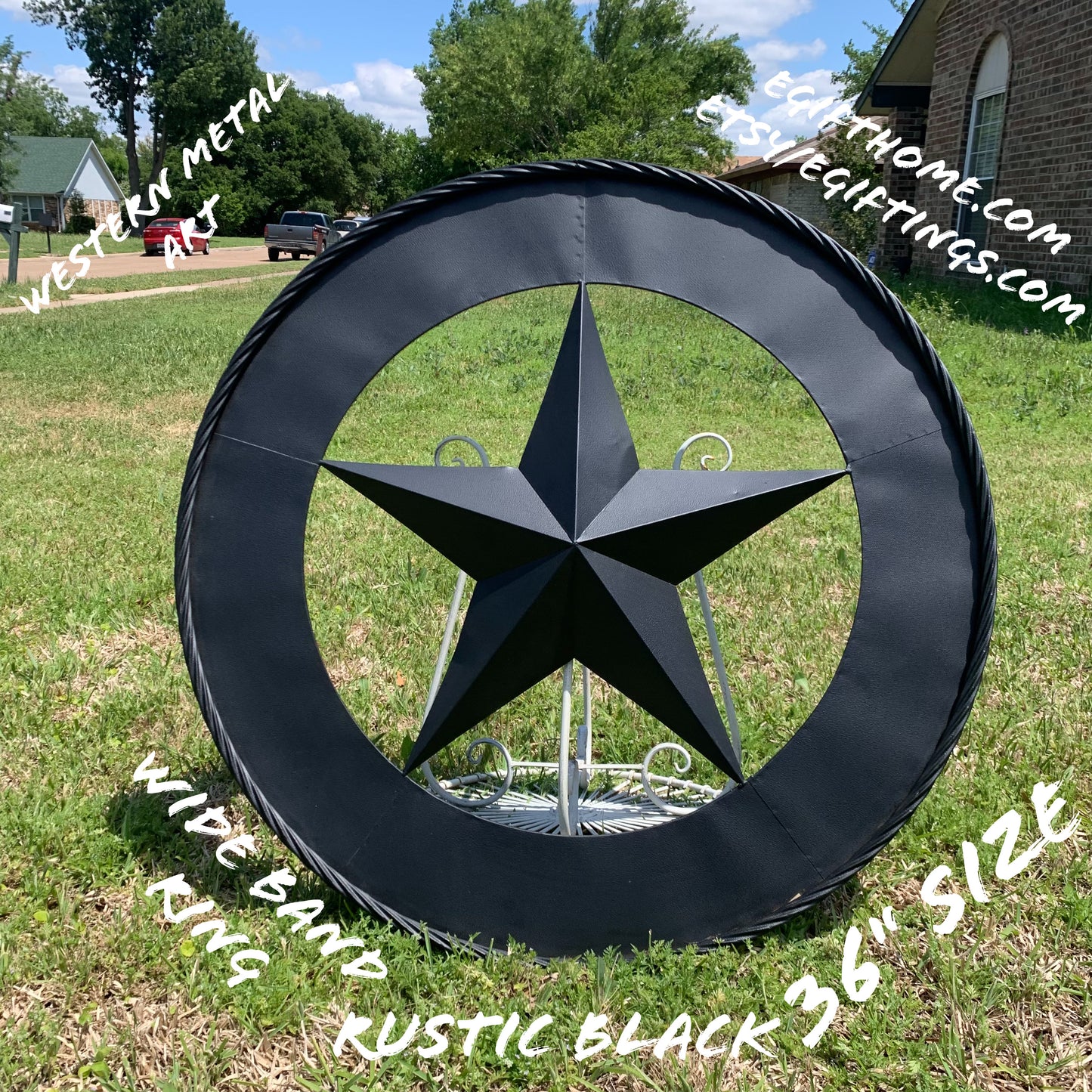 36" RUSTIC BLACK LONE STAR WIDE BAND RING TWISTED ROPE RING 3d METAL STAR WALL ART WESTERN HOME DECOR HANDMADE NEW #EH11879