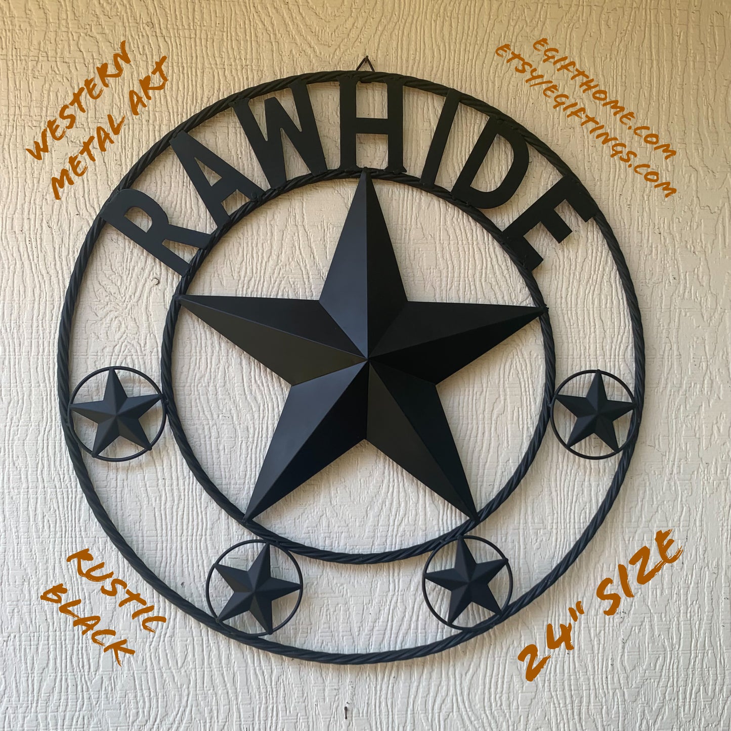 RAWHIDE STYLE CUSTOM STAR RUSTIC BLACK NAME BARN METAL STAR 3d TWISTED ROPE RING WESTERN HOME DECOR HANDMADE