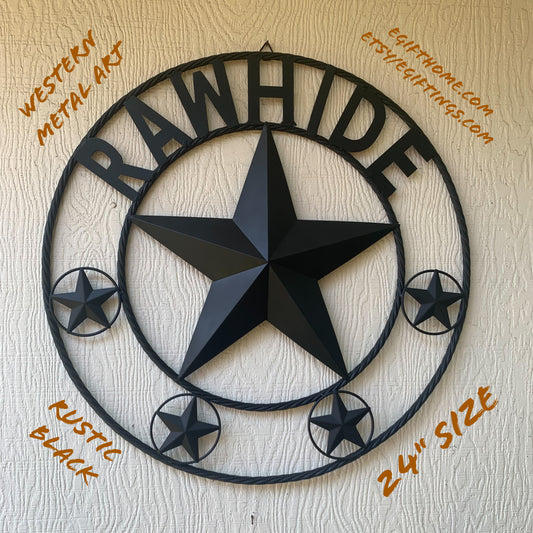 RAWHIDE STYLE CUSTOM STAR RUSTIC BLACK NAME BARN METAL STAR 3d TWISTED ROPE RING WESTERN HOME DECOR HANDMADE