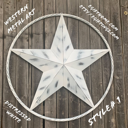 WHITE DISTRESSED STAR STYLE# 1 RUSTIC BARN LONE STAR ROPE RING METAL WALL ART