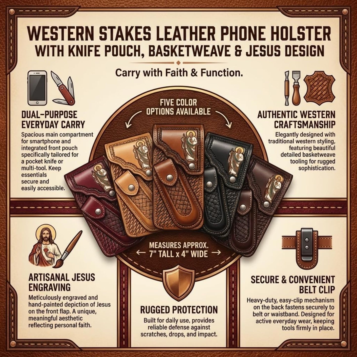 7"JESUS POUCH & KNIFE LEATHER HOLSTER XTRA LARGE  BELT LOOP CELL PHONE CASE UNIVERSAL OVERSIZE #EH13250