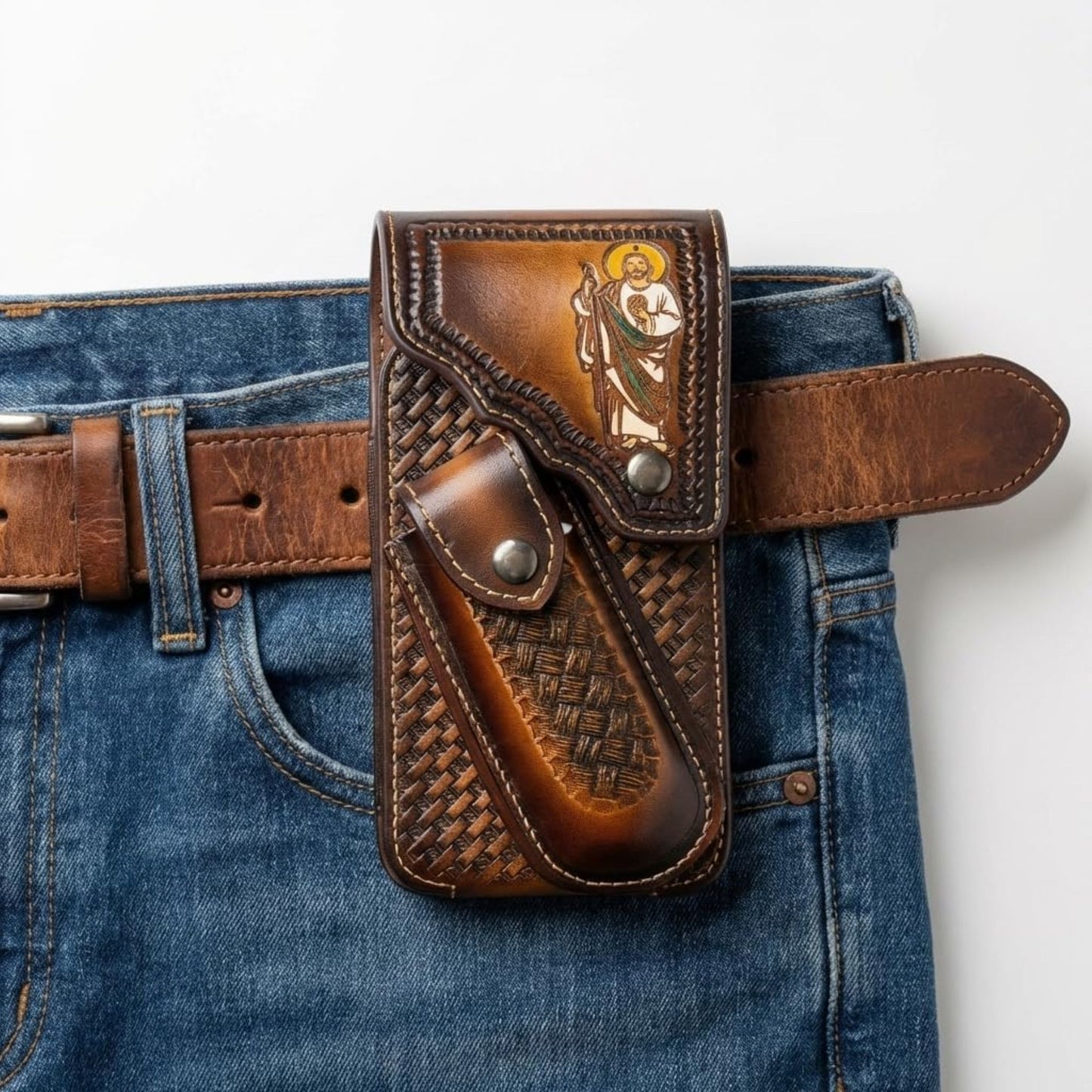 7"JESUS POUCH & KNIFE LEATHER HOLSTER XTRA LARGE  BELT LOOP CELL PHONE CASE UNIVERSAL OVERSIZE #EH13250