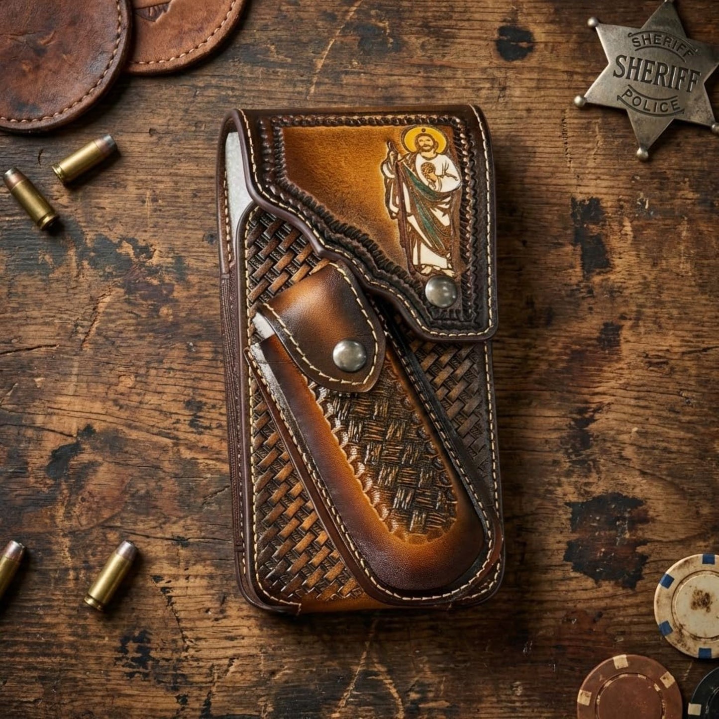 7"JESUS POUCH & KNIFE LEATHER HOLSTER XTRA LARGE  BELT LOOP CELL PHONE CASE UNIVERSAL OVERSIZE #EH13250