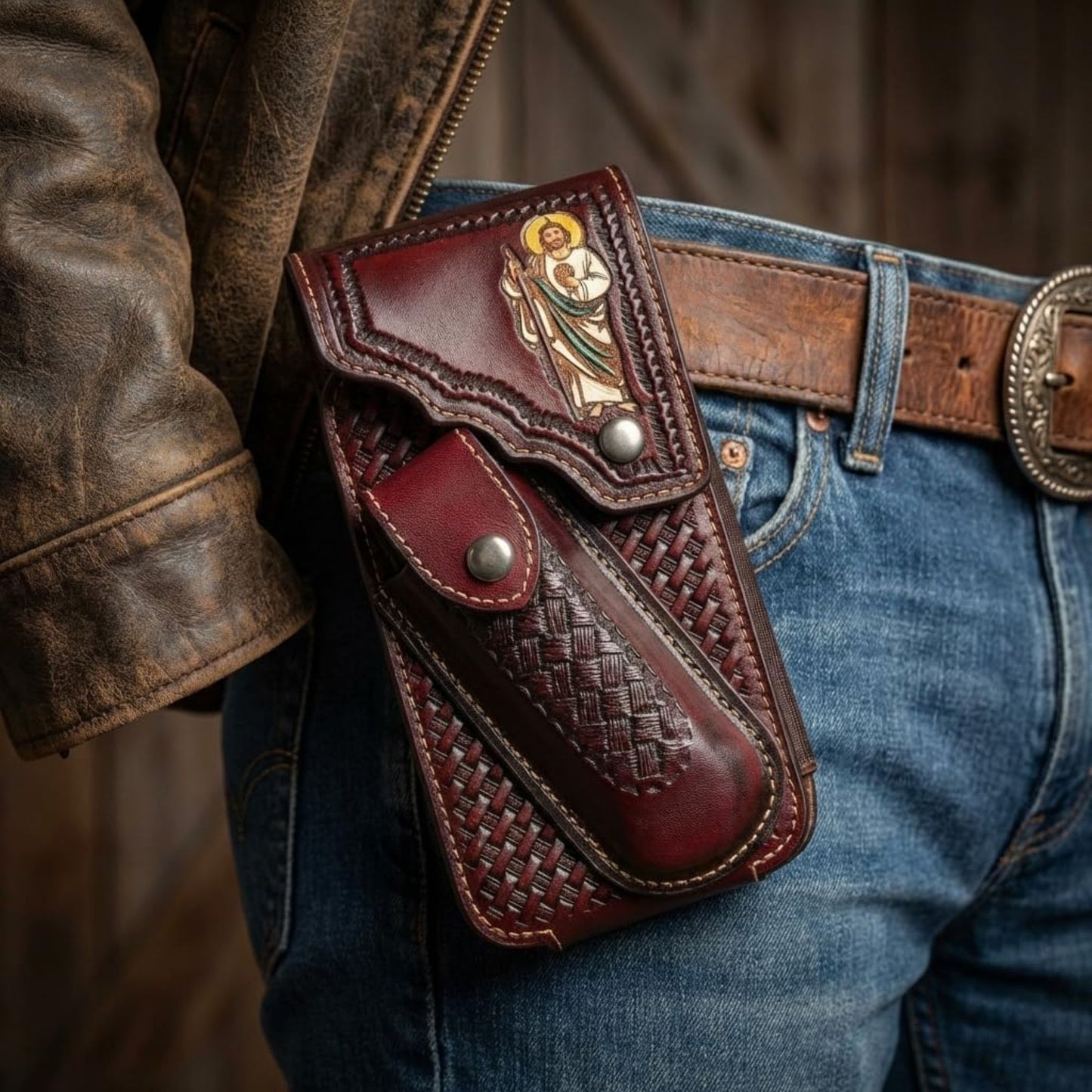 7"JESUS POUCH & KNIFE LEATHER HOLSTER XTRA LARGE  BELT LOOP CELL PHONE CASE UNIVERSAL OVERSIZE #EH13250