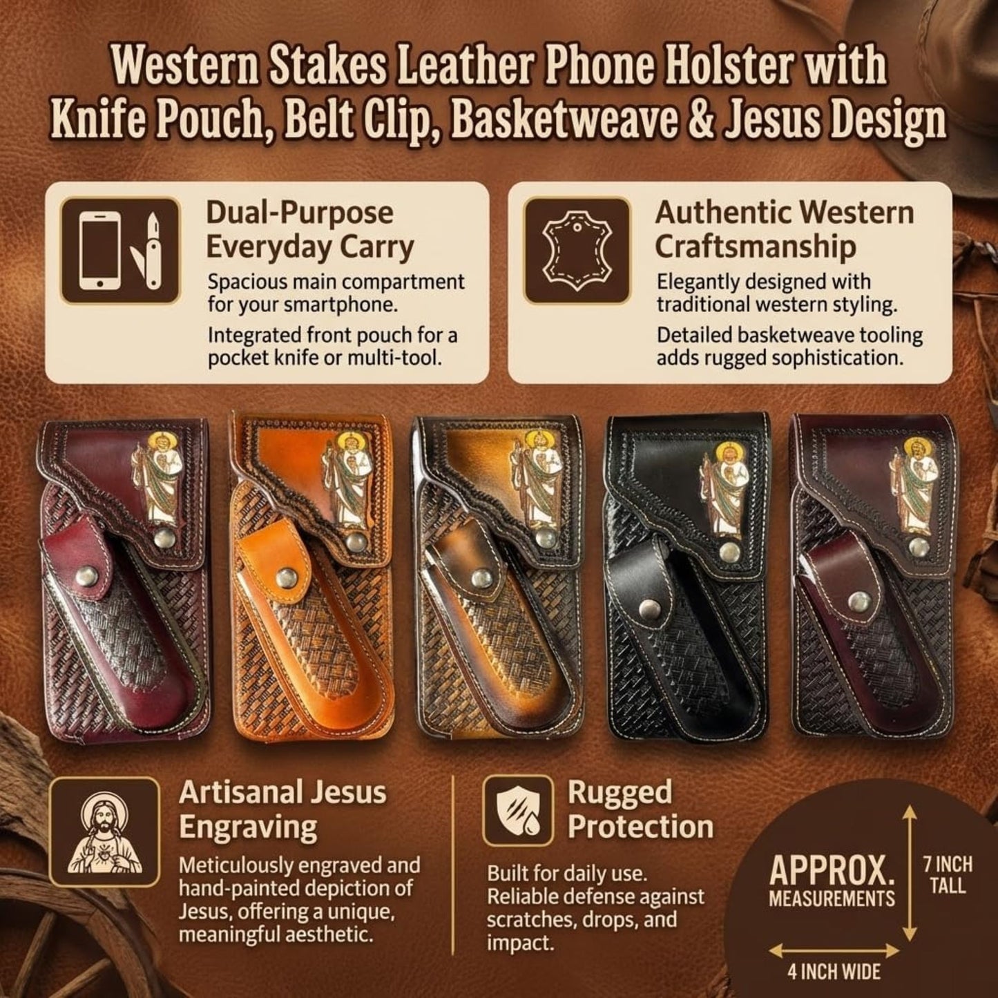 7"JESUS POUCH & KNIFE LEATHER HOLSTER XTRA LARGE  BELT LOOP CELL PHONE CASE UNIVERSAL OVERSIZE #EH13250