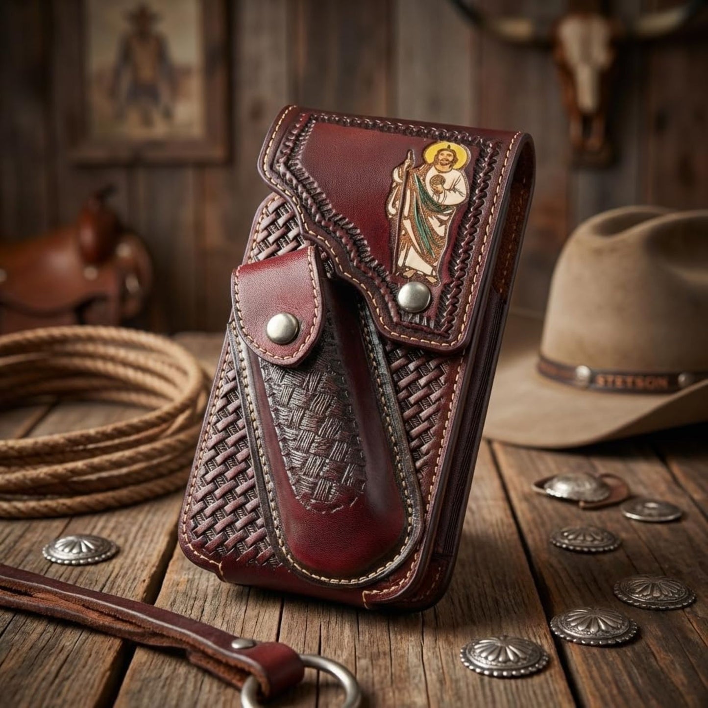 7"JESUS POUCH & KNIFE LEATHER HOLSTER XTRA LARGE  BELT LOOP CELL PHONE CASE UNIVERSAL OVERSIZE #EH13250