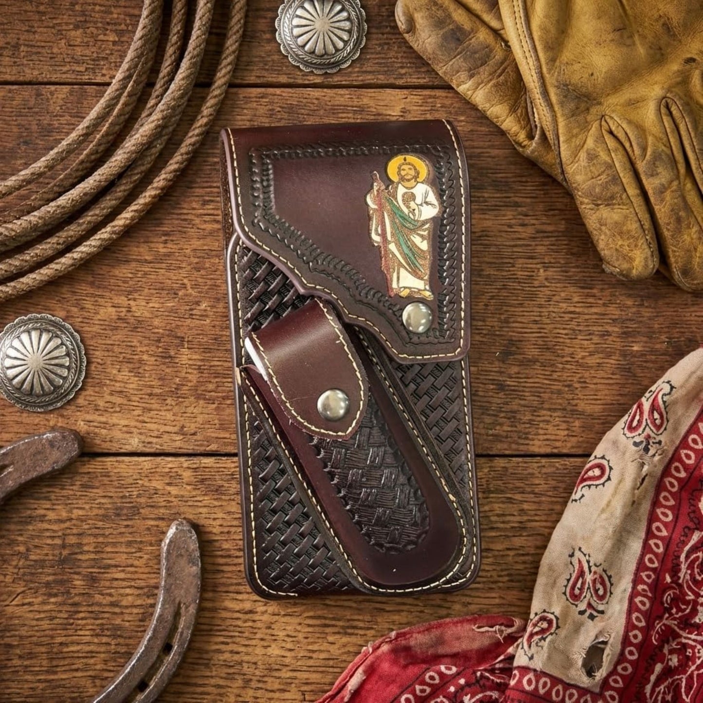 7"JESUS POUCH & KNIFE LEATHER HOLSTER XTRA LARGE  BELT LOOP CELL PHONE CASE UNIVERSAL OVERSIZE #EH13250