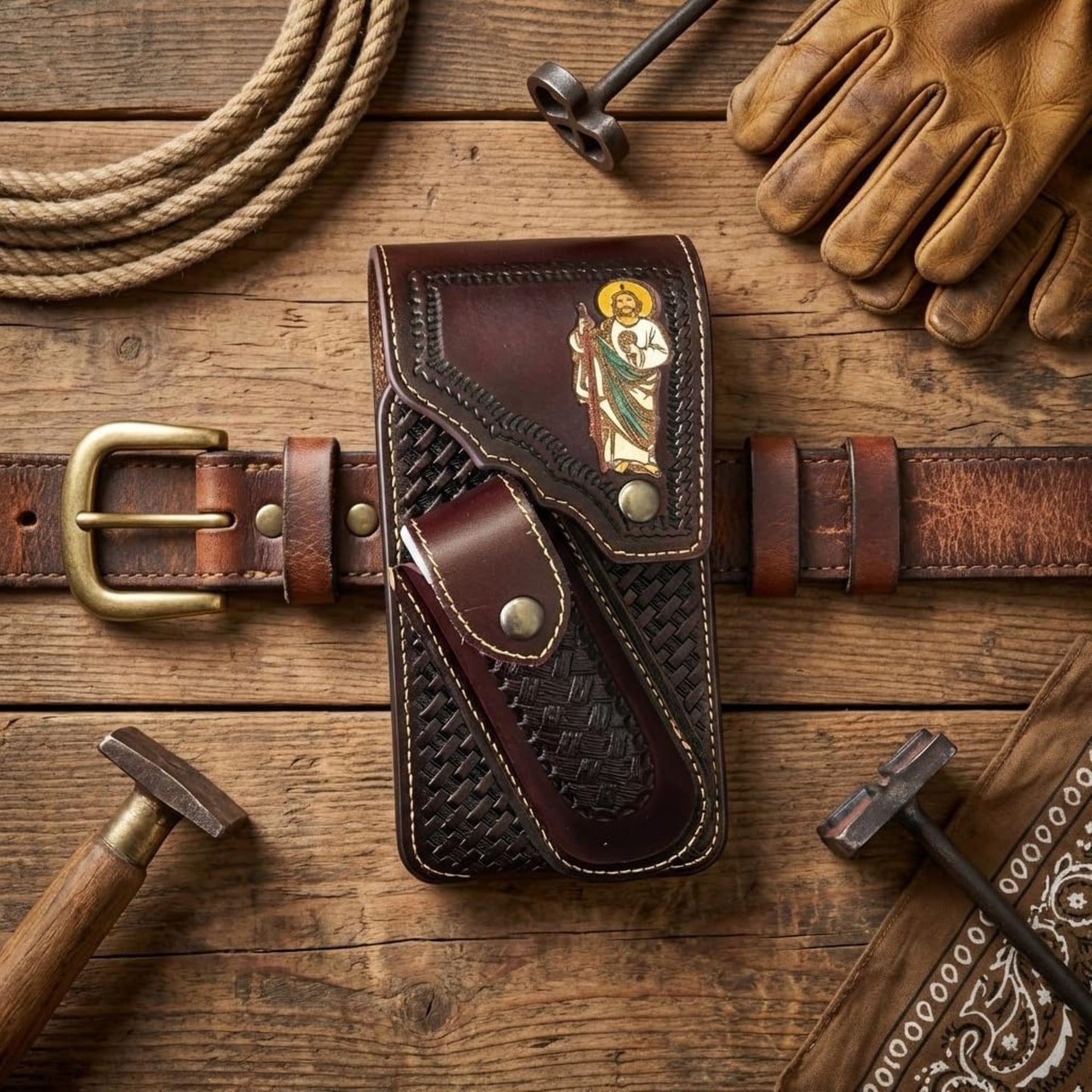 7"JESUS POUCH & KNIFE LEATHER HOLSTER XTRA LARGE  BELT LOOP CELL PHONE CASE UNIVERSAL OVERSIZE #EH13250