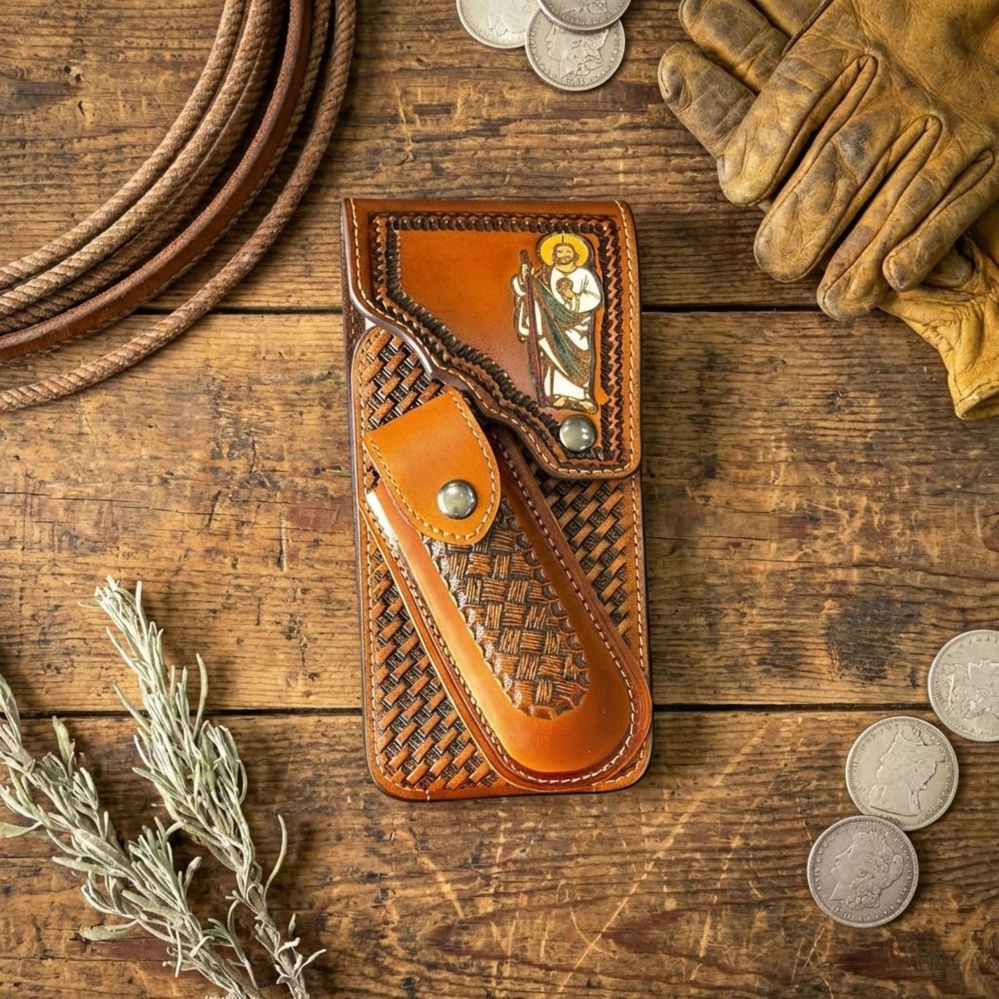 7"JESUS POUCH & KNIFE LEATHER HOLSTER XTRA LARGE  BELT LOOP CELL PHONE CASE UNIVERSAL OVERSIZE #EH13250