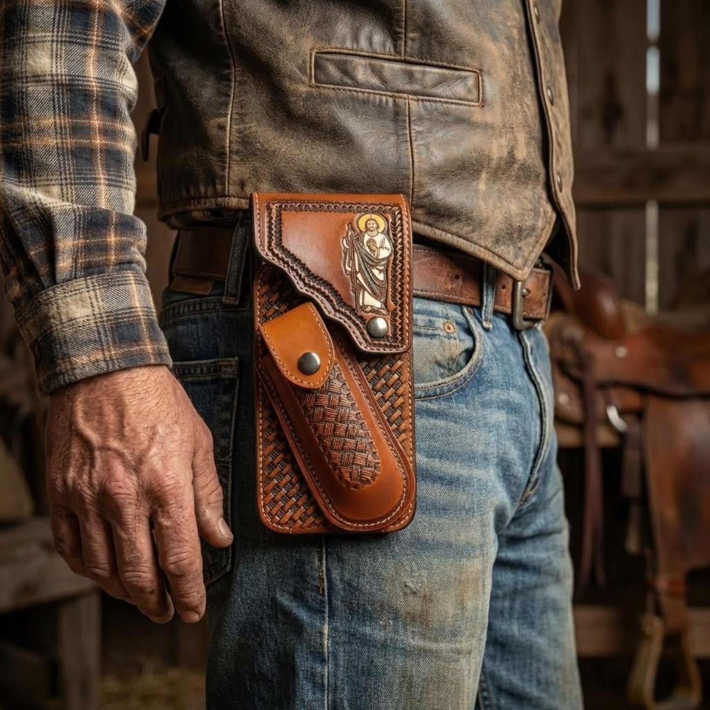 7"JESUS POUCH & KNIFE LEATHER HOLSTER XTRA LARGE  BELT LOOP CELL PHONE CASE UNIVERSAL OVERSIZE #EH13250