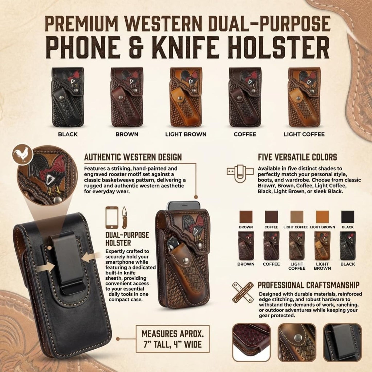 7" ROOSTER POUCH & KNIFE LEATHER HOLSTER XTRA LARGE  BELT LOOP CELL PHONE CASE UNIVERSAL OVERSIZE #EH13256