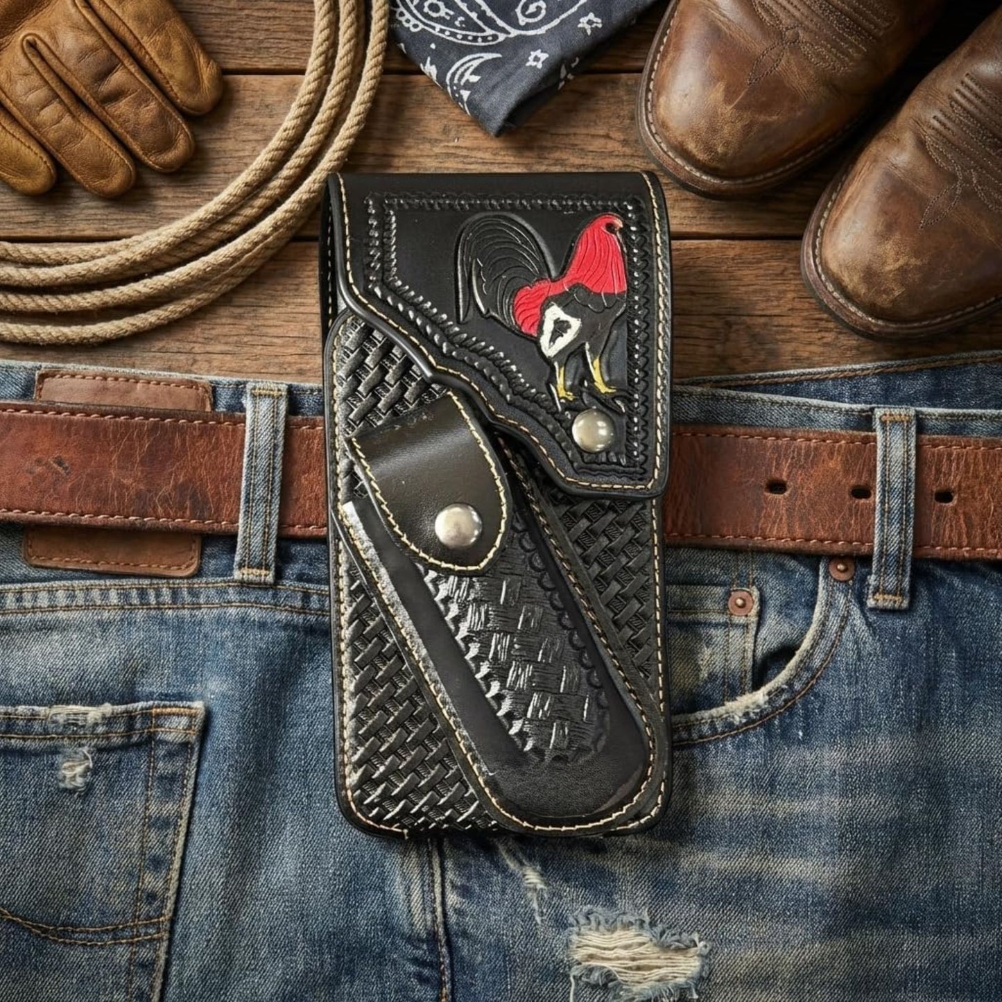 7" ROOSTER POUCH & KNIFE LEATHER HOLSTER XTRA LARGE  BELT LOOP CELL PHONE CASE UNIVERSAL OVERSIZE #EH13256
