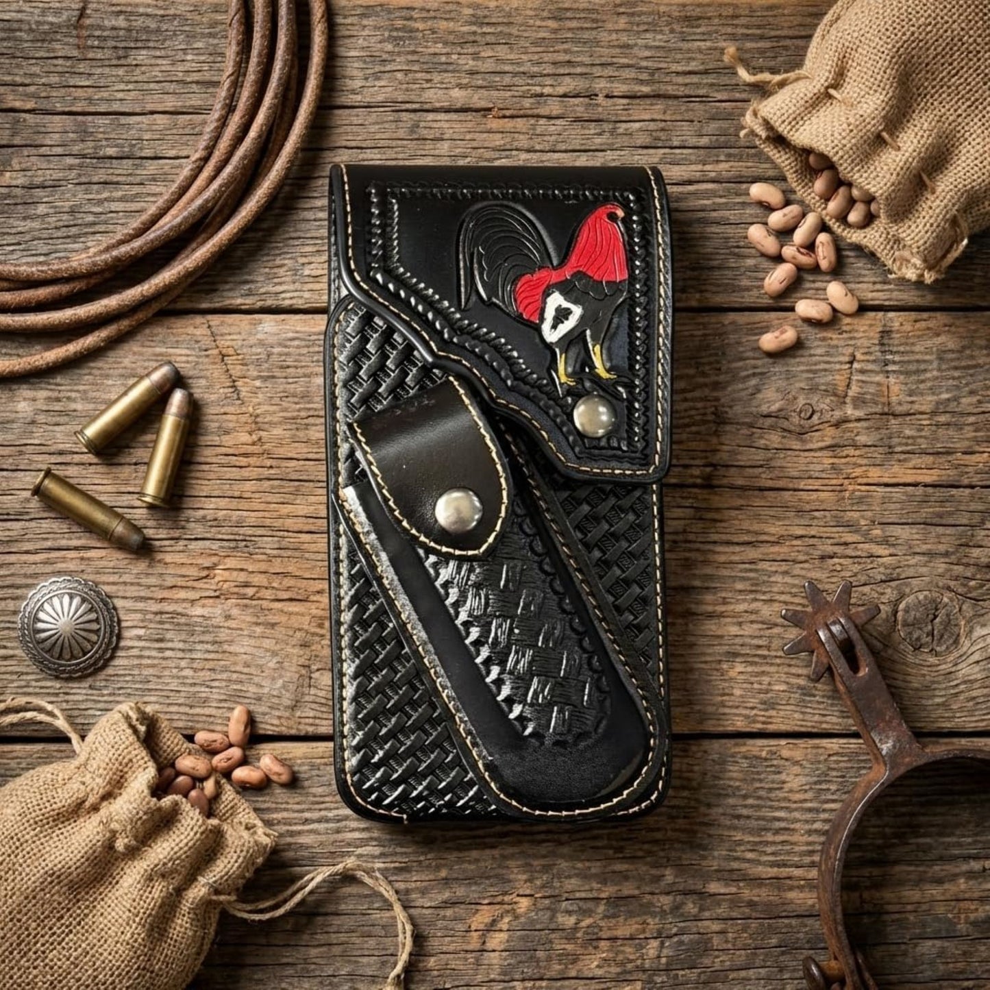 7" ROOSTER POUCH & KNIFE LEATHER HOLSTER XTRA LARGE  BELT LOOP CELL PHONE CASE UNIVERSAL OVERSIZE #EH13256