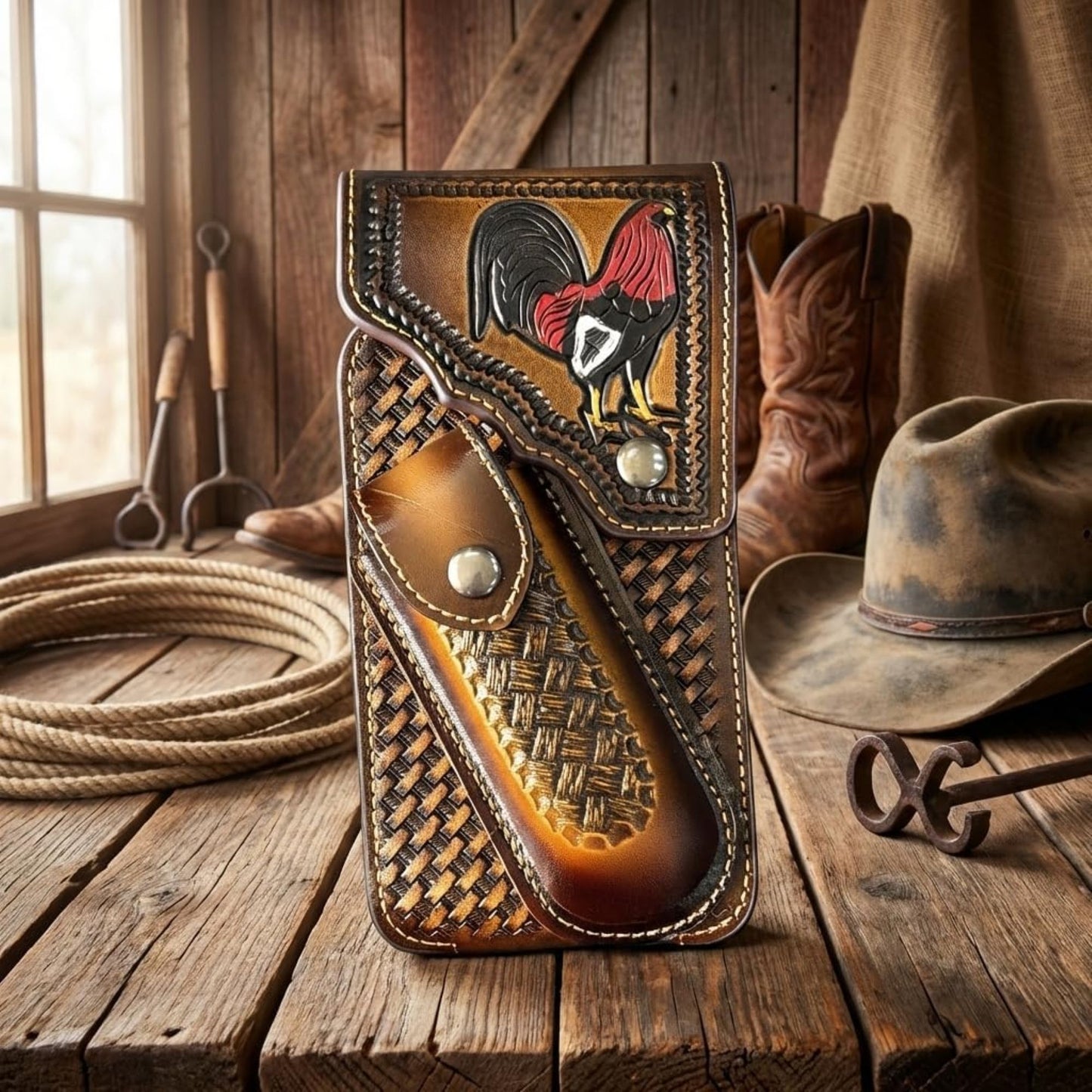 7" ROOSTER POUCH & KNIFE LEATHER HOLSTER XTRA LARGE  BELT LOOP CELL PHONE CASE UNIVERSAL OVERSIZE #EH13256