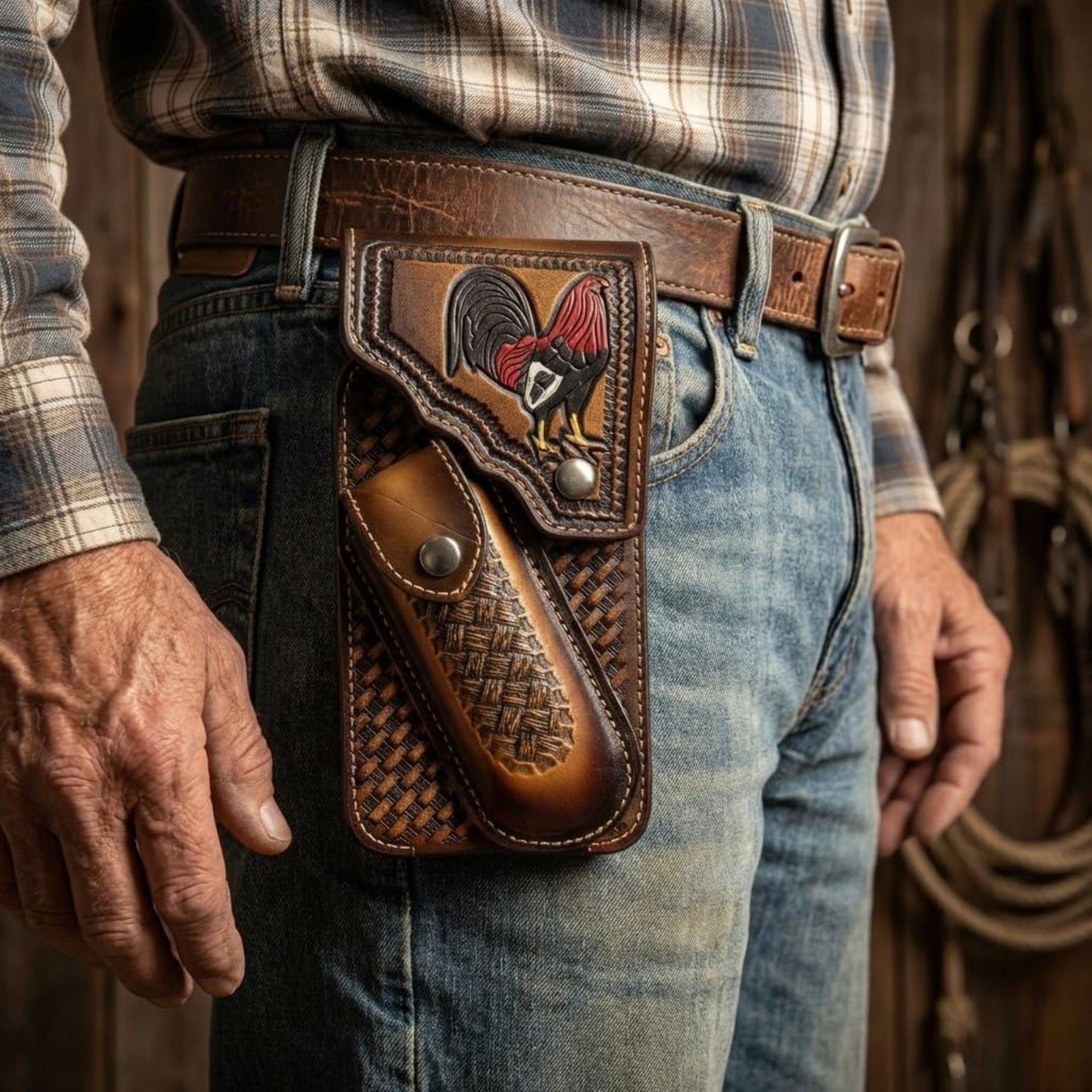 7" ROOSTER POUCH & KNIFE LEATHER HOLSTER XTRA LARGE  BELT LOOP CELL PHONE CASE UNIVERSAL OVERSIZE #EH13256